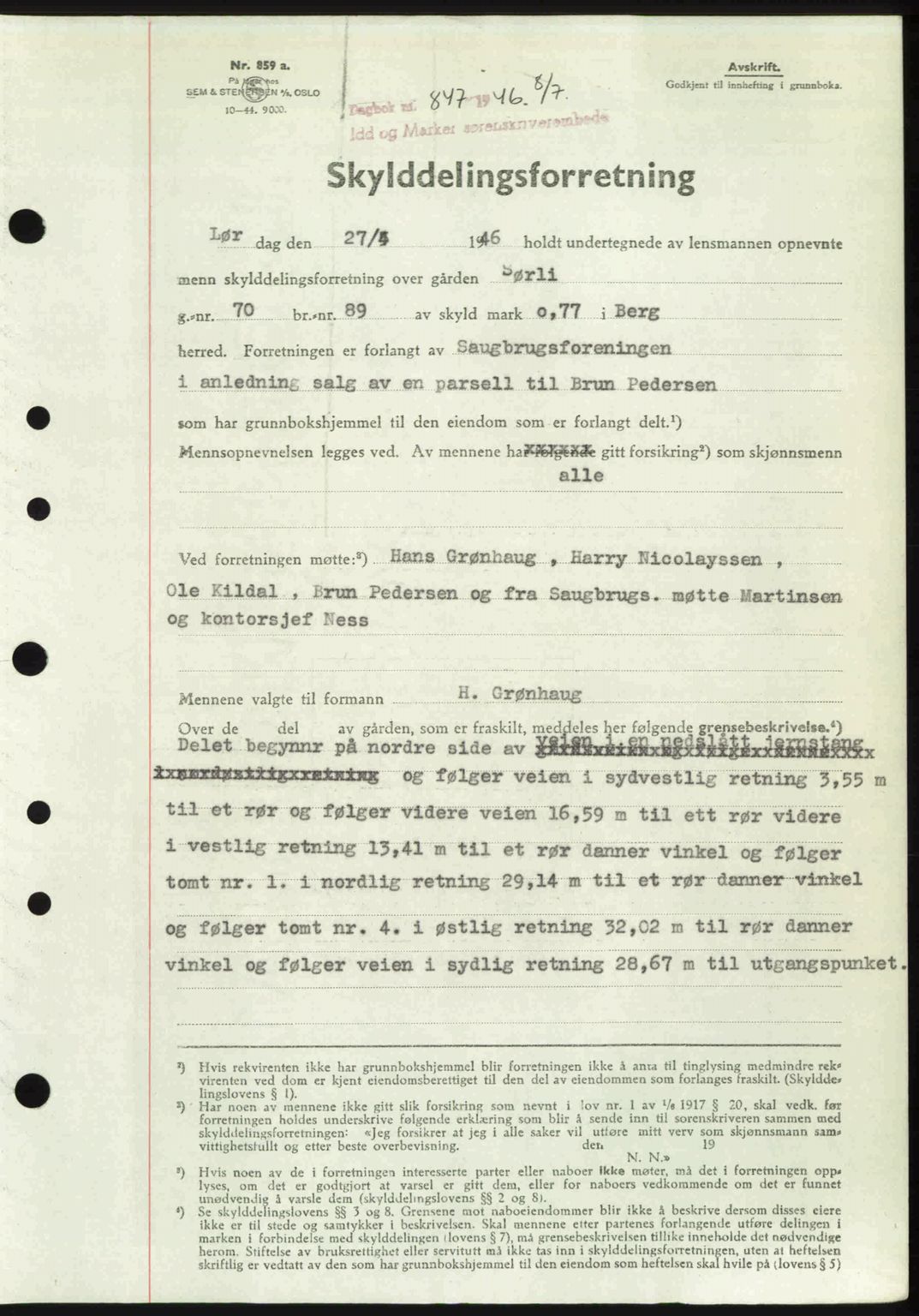 Idd og Marker sorenskriveri, AV/SAO-A-10283/G/Gb/Gbb/L0008: Mortgage book no. A8, 1946-1946, Diary no: : 847/1946