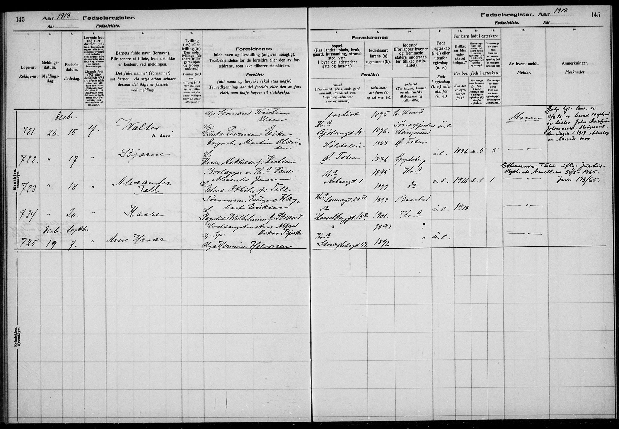 Rikshospitalet prestekontor Kirkebøker, AV/SAO-A-10309b/J/L0003: Birth register no. 3, 1918-1918, p. 145