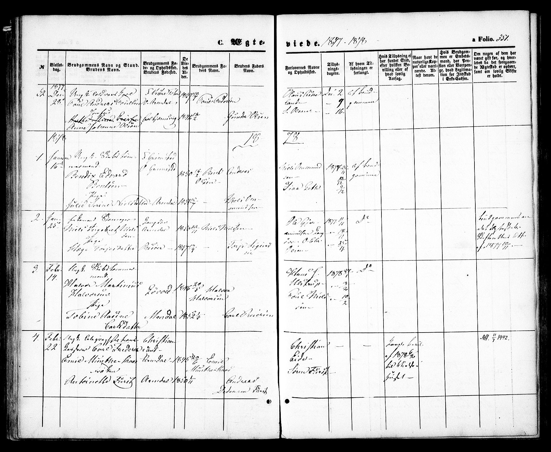 Arendal sokneprestkontor, Trefoldighet, SAK/1111-0040/F/Fa/L0007: Parish register (official) no. A 7, 1868-1878, p. 351