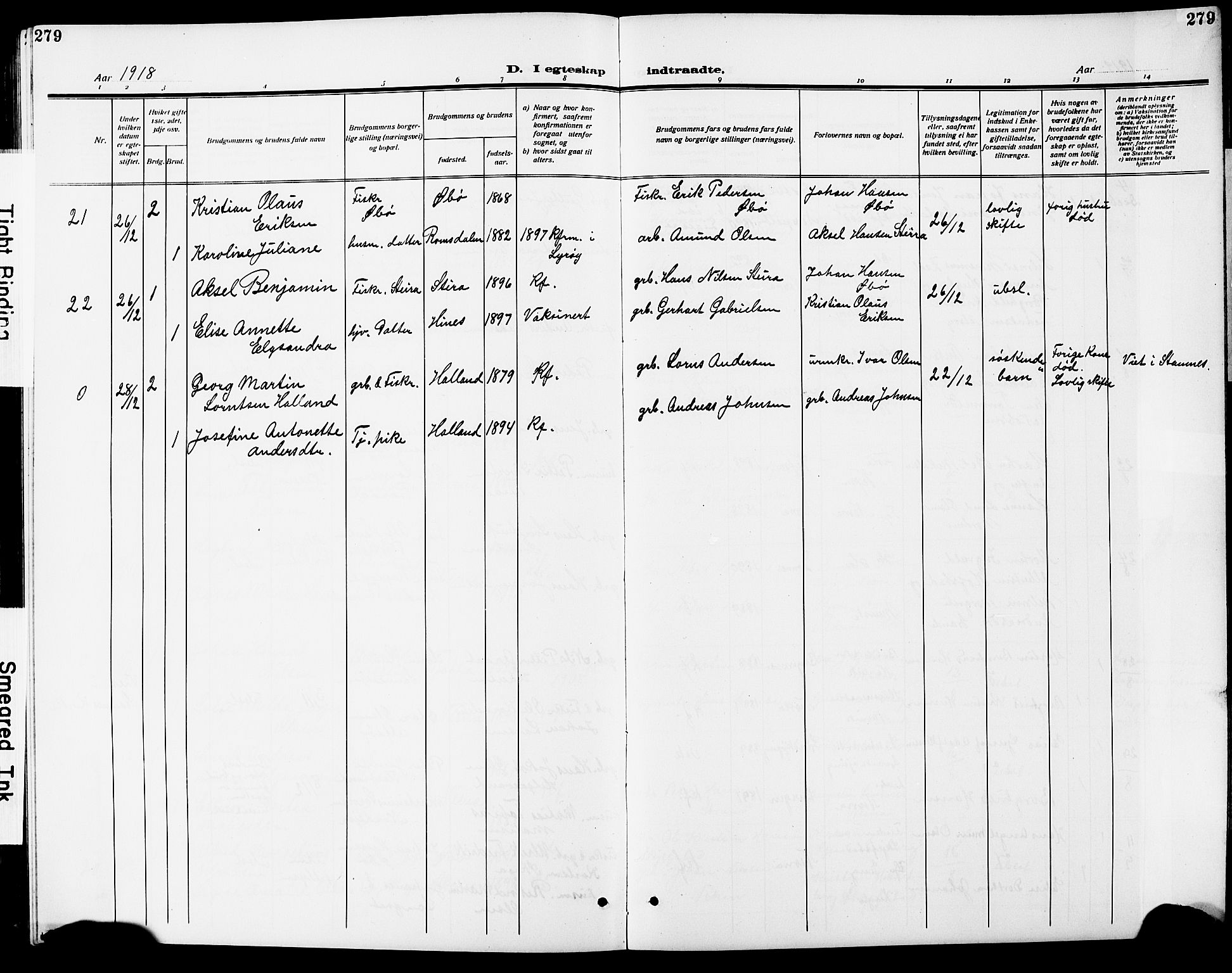 Ministerialprotokoller, klokkerbøker og fødselsregistre - Nordland, AV/SAT-A-1459/838/L0560: Parish register (copy) no. 838C07, 1910-1928, p. 279