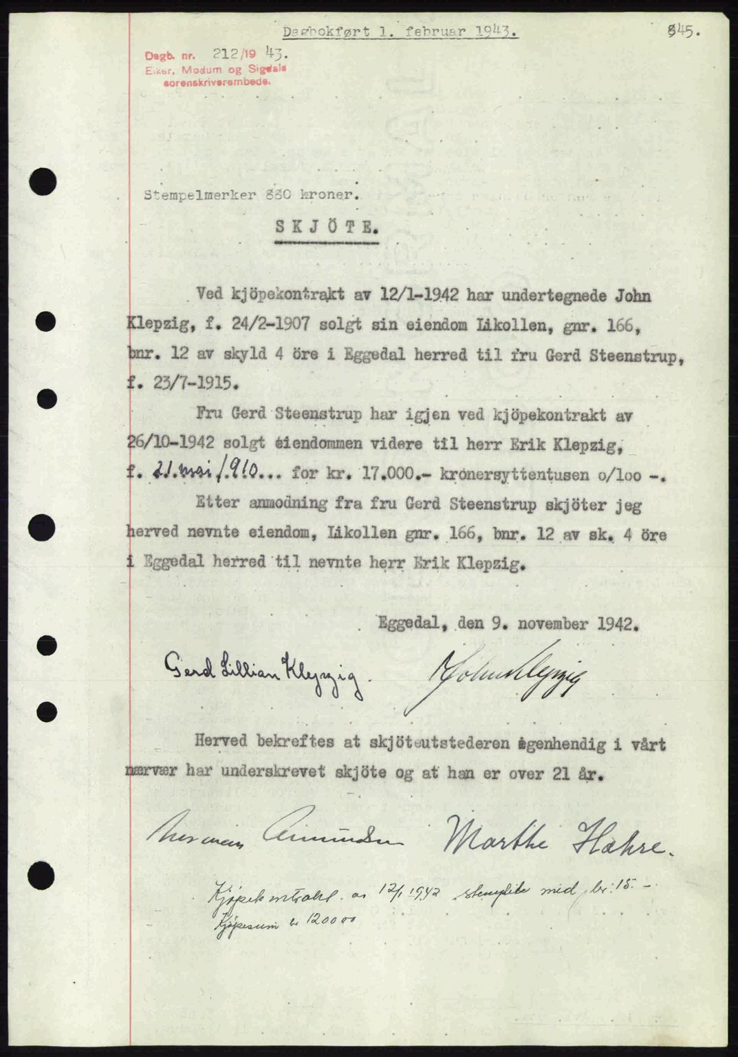 Eiker, Modum og Sigdal sorenskriveri, SAKO/A-123/G/Ga/Gab/L0047: Mortgage book no. A17, 1942-1943, Diary no: : 212/1943