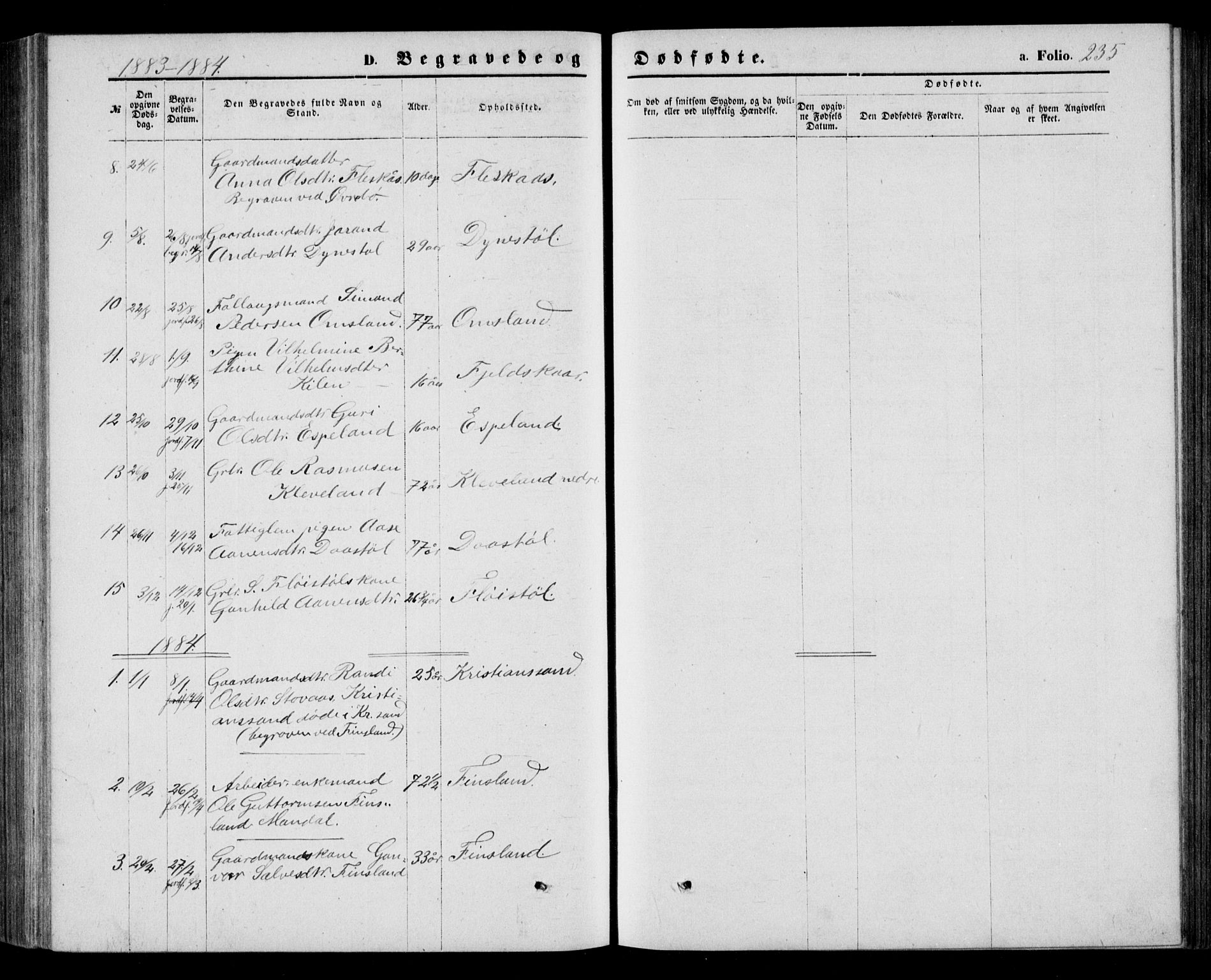 Bjelland sokneprestkontor, AV/SAK-1111-0005/F/Fb/Fbb/L0004: Parish register (copy) no. B 4, 1867-1887, p. 235