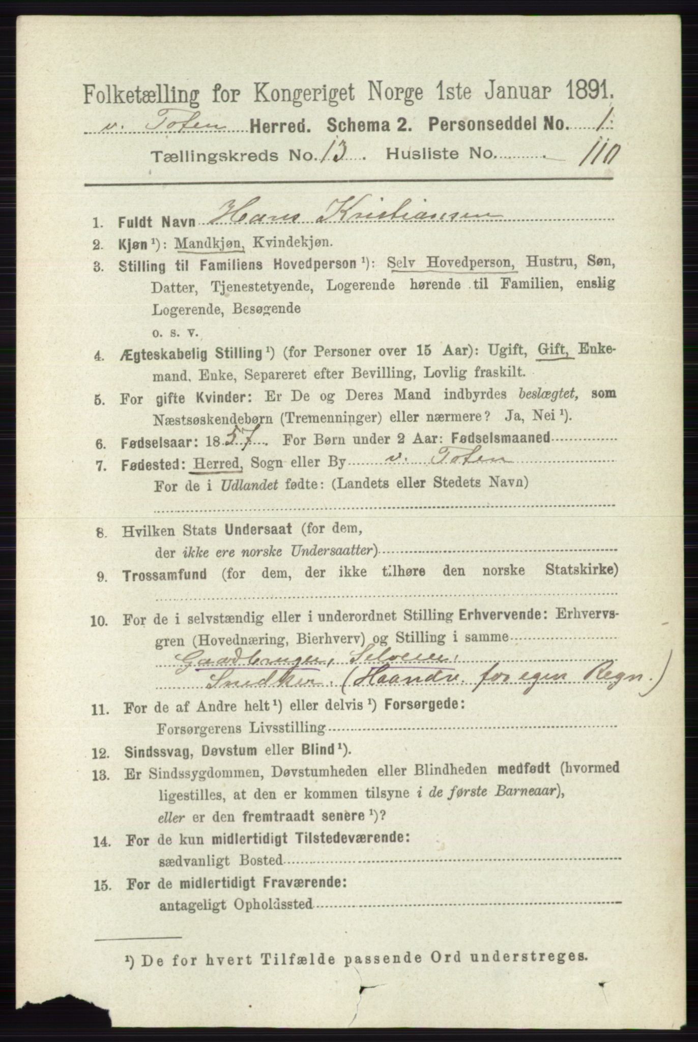 RA, 1891 census for 0529 Vestre Toten, 1891, p. 8409