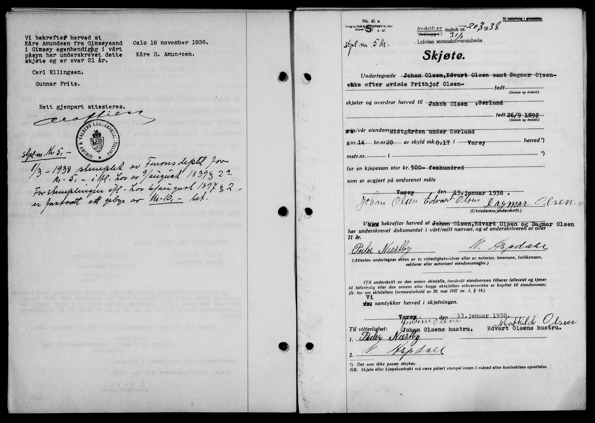 Lofoten sorenskriveri, SAT/A-0017/1/2/2C/L0003a: Mortgage book no. 3a, 1937-1938, Diary no: : 203/1938