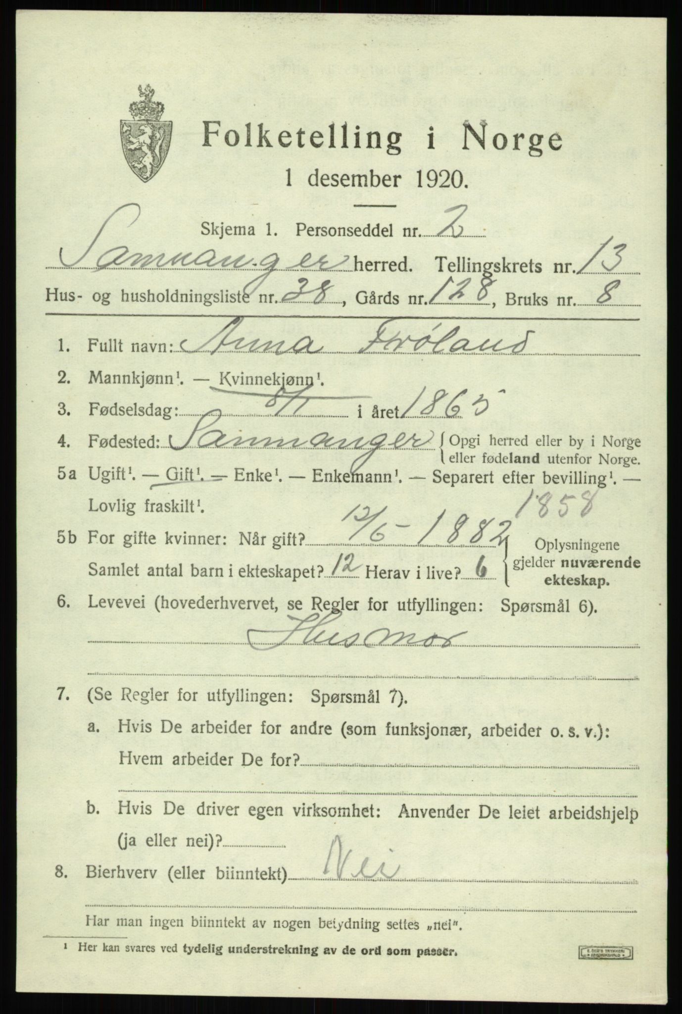 SAB, 1920 census for Samnanger, 1920, p. 5609