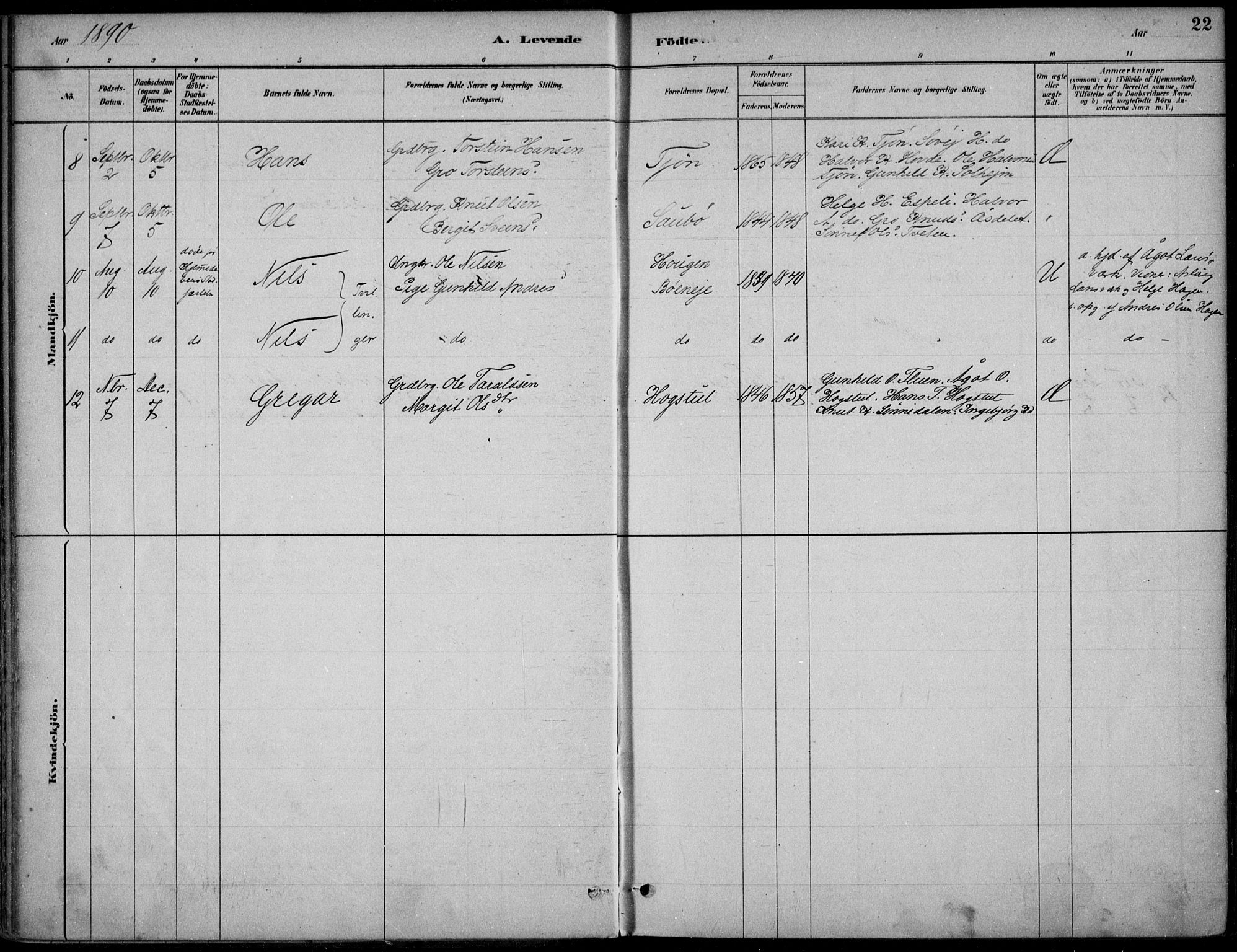 Hjartdal kirkebøker, AV/SAKO-A-270/F/Fc/L0002: Parish register (official) no. III 2, 1880-1936, p. 22