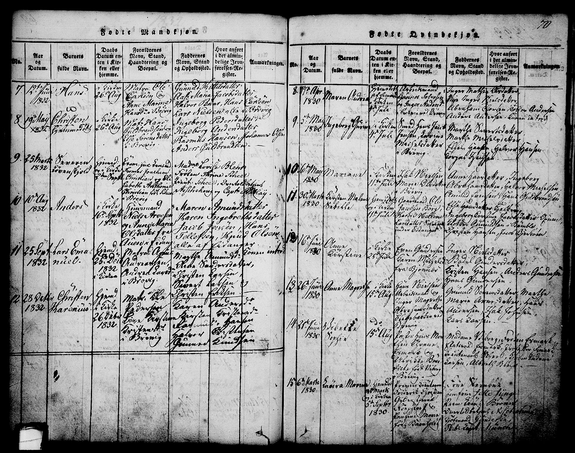 Brevik kirkebøker, SAKO/A-255/G/Ga/L0001: Parish register (copy) no. 1, 1814-1845, p. 70