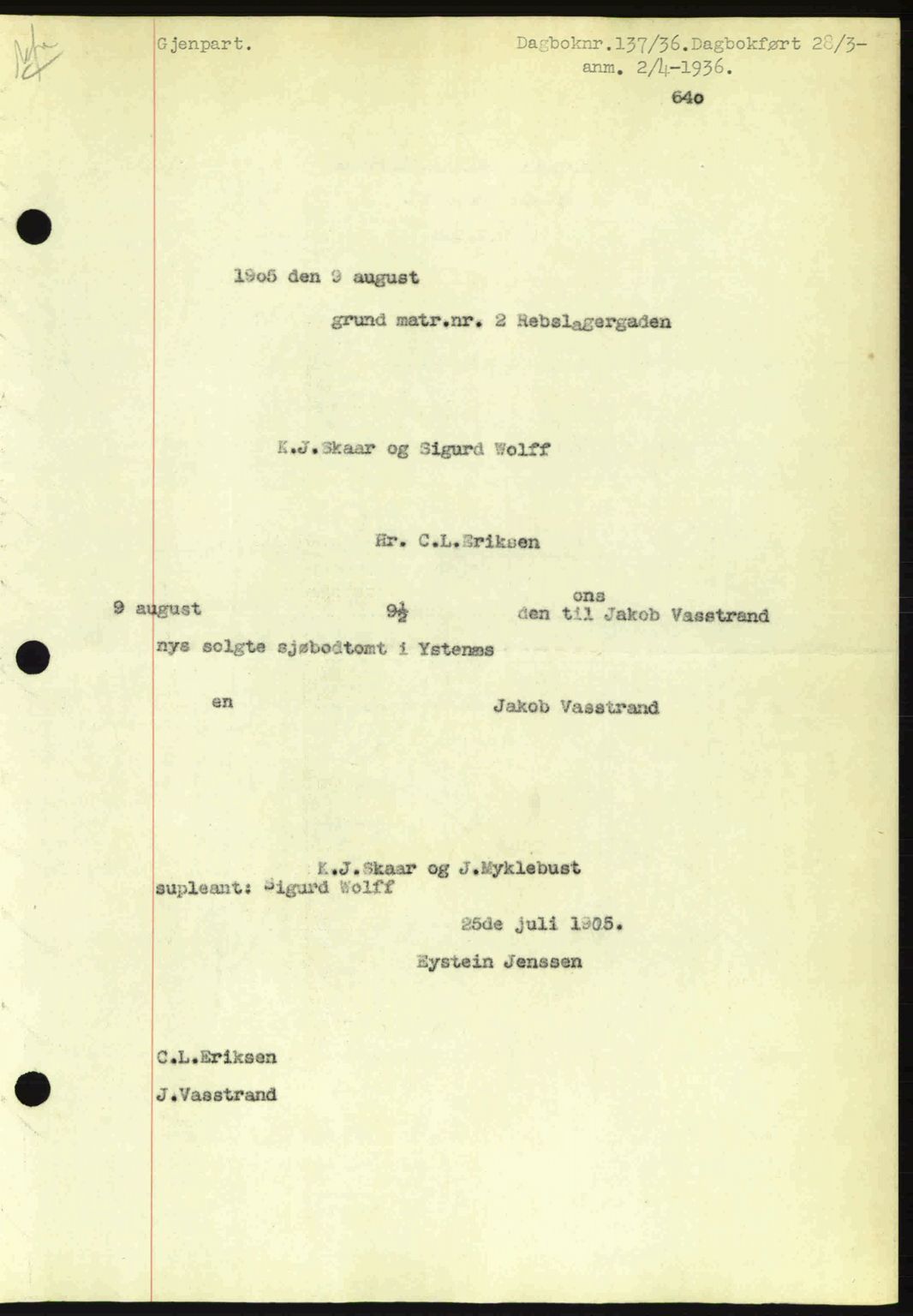 Ålesund byfogd, AV/SAT-A-4384: Mortgage book no. 34 I, 1936-1938, Diary no: : 137/1936