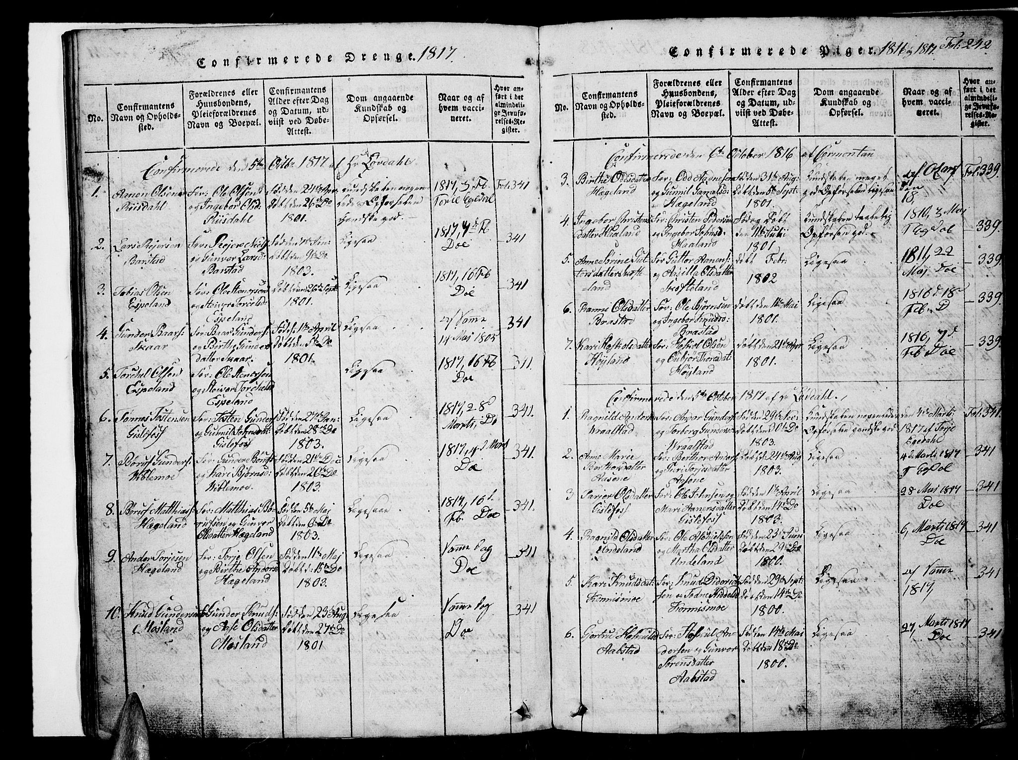 Nord-Audnedal sokneprestkontor, AV/SAK-1111-0032/F/Fb/Fba/L0001: Parish register (copy) no. B 1, 1815-1856, p. 242