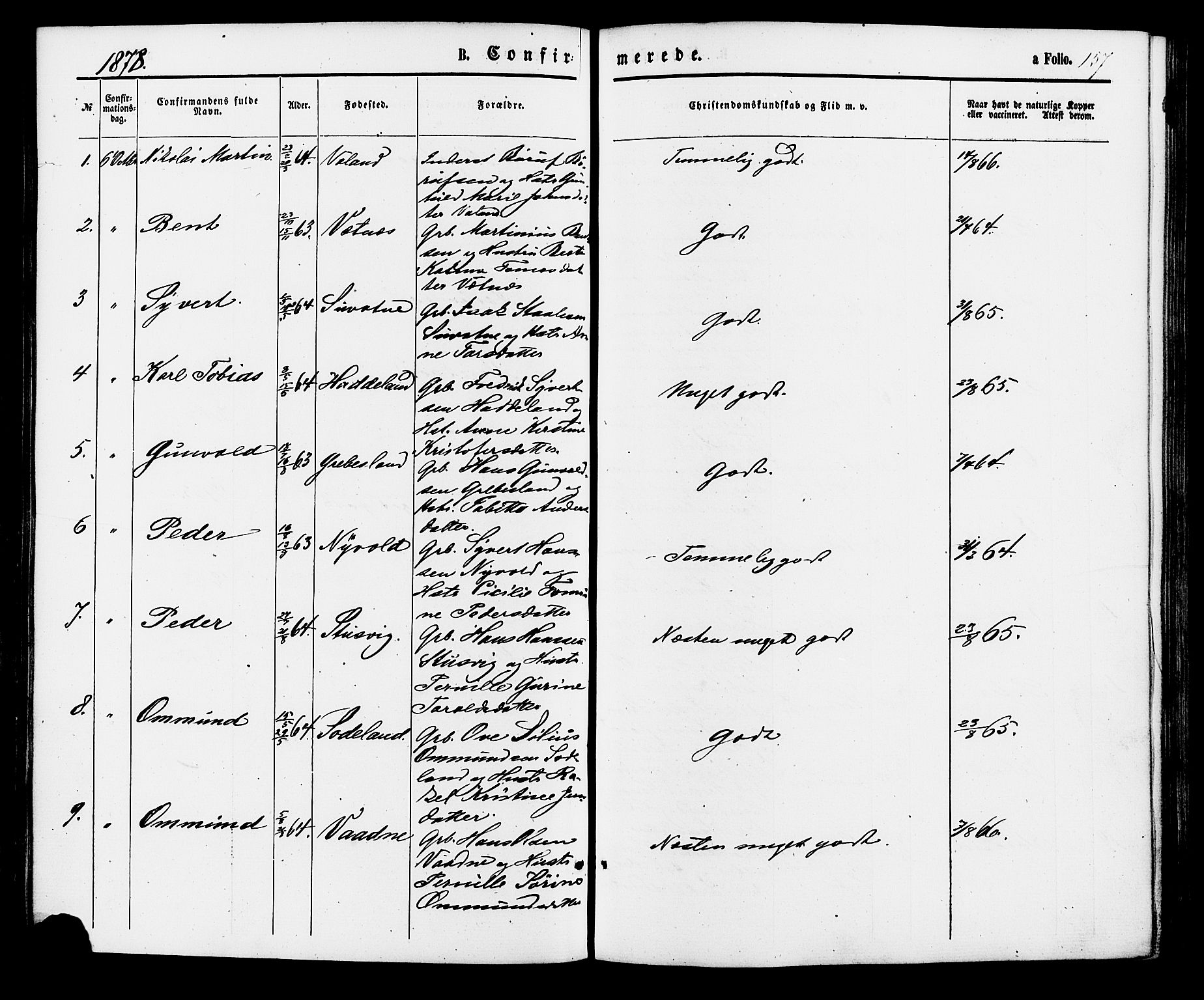 Holum sokneprestkontor, AV/SAK-1111-0022/F/Fa/Faa/L0006: Parish register (official) no. A 6, 1865-1883, p. 157