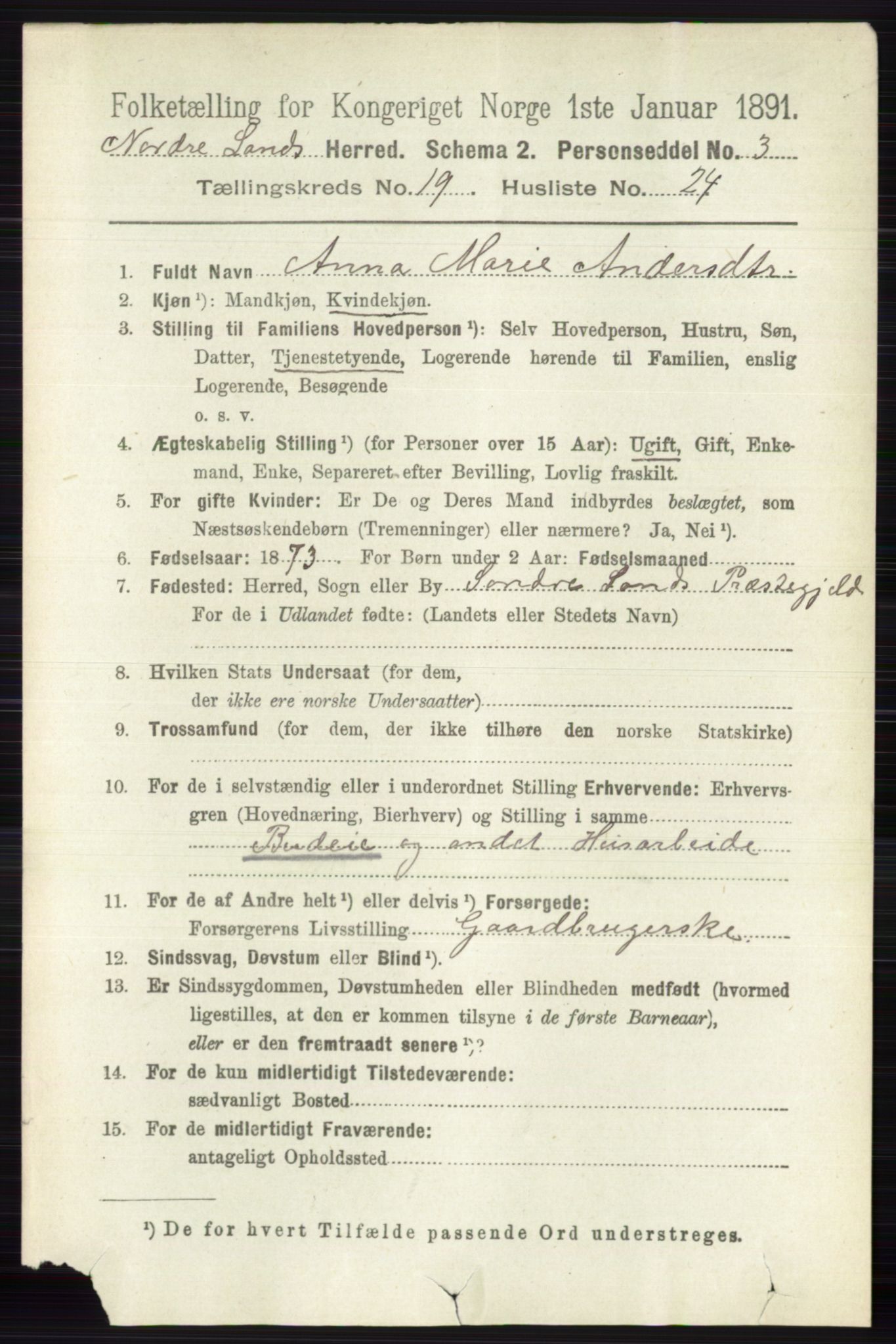 RA, 1891 census for 0538 Nordre Land, 1891, p. 4802