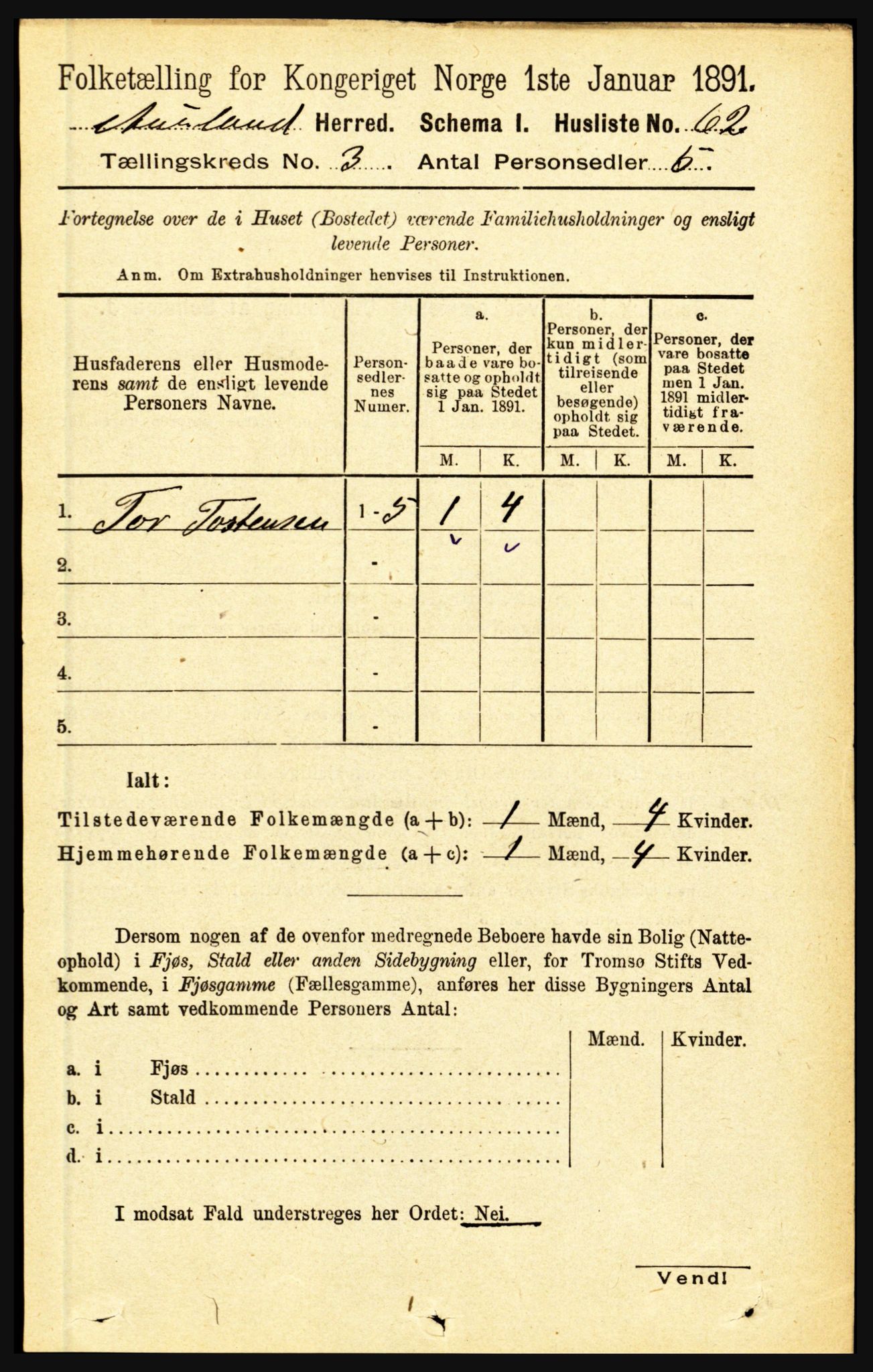 RA, 1891 census for 1421 Aurland, 1891, p. 938