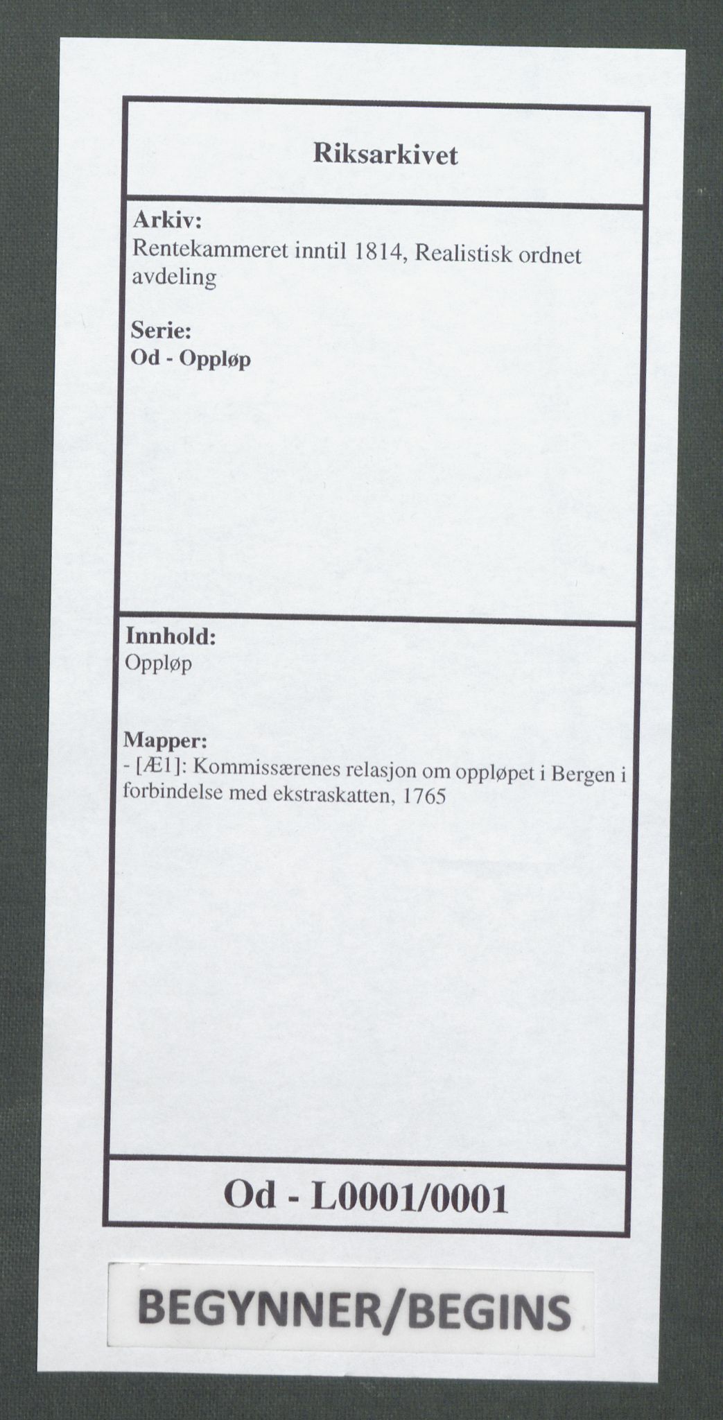 Rentekammeret inntil 1814, Realistisk ordnet avdeling, RA/EA-4070/Od/L0001/0001: Oppløp / [Æ1]: Kommissærenes relasjon om oppløpet i Bergen i forbindelse med ekstraskatten, 1765, p. 1