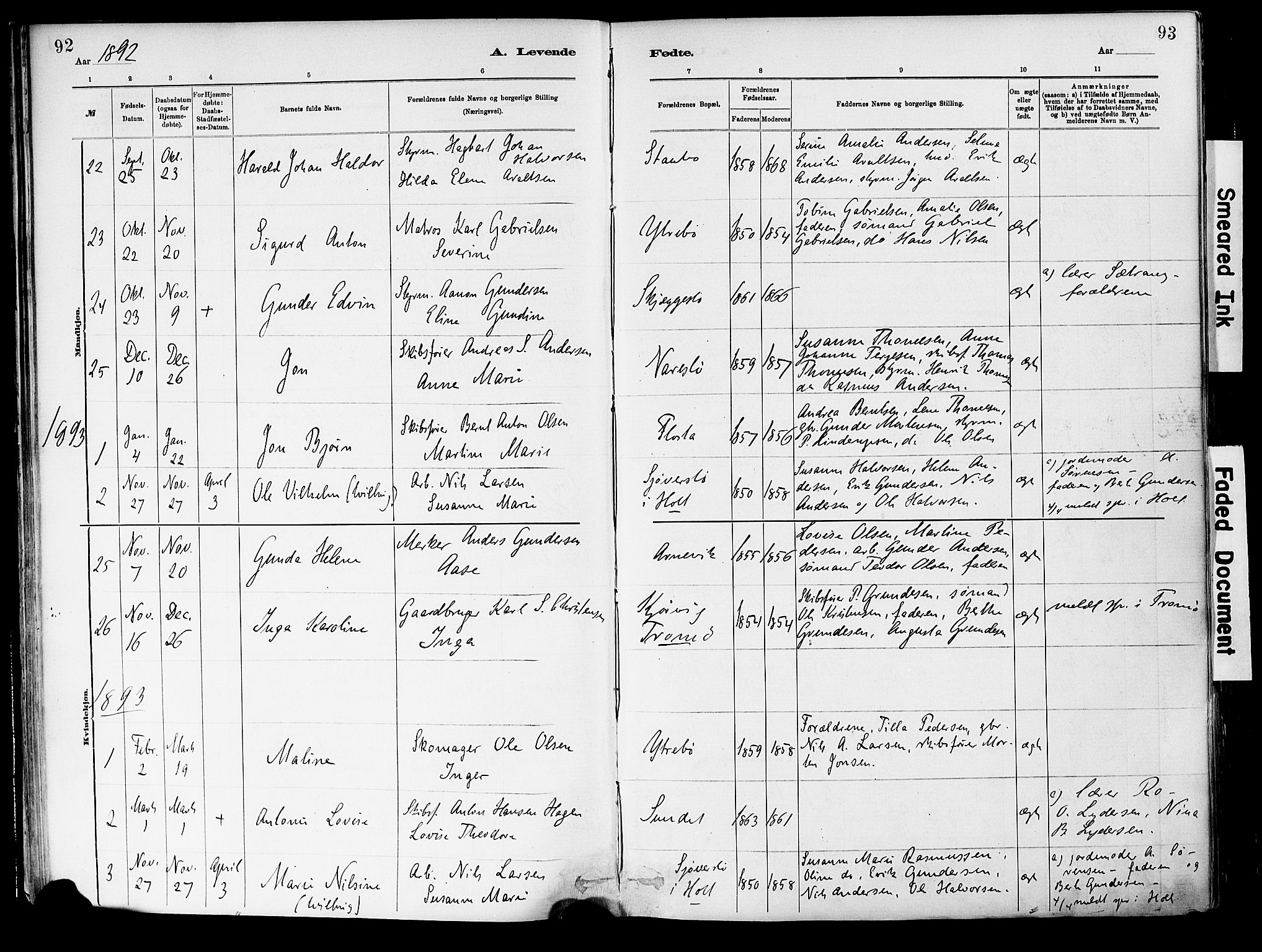 Dypvåg sokneprestkontor, SAK/1111-0007/F/Fa/Fab/L0001: Parish register (official) no. A 1, 1885-1912, p. 92-93