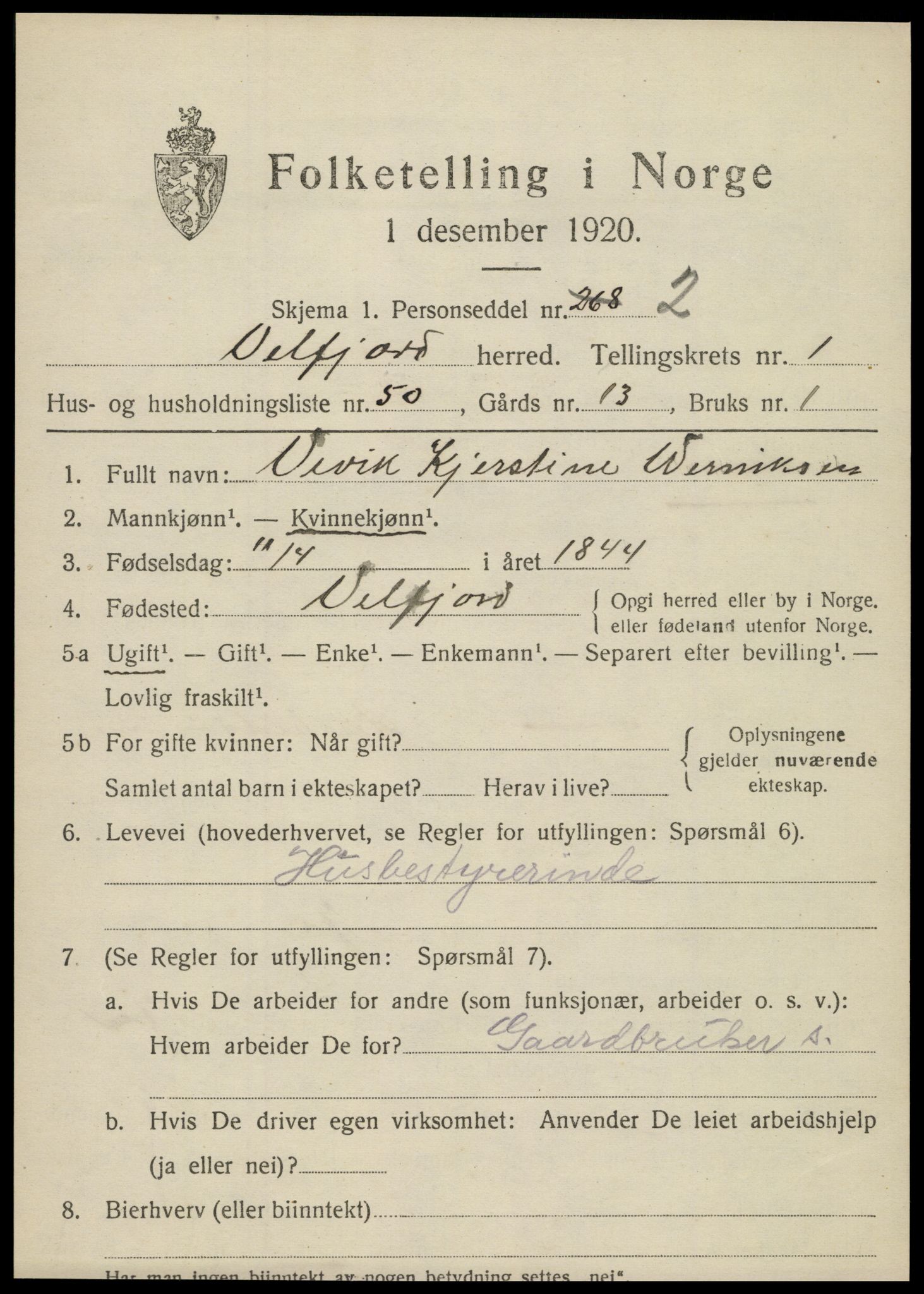 SAT, 1920 census for Velfjord, 1920, p. 1117