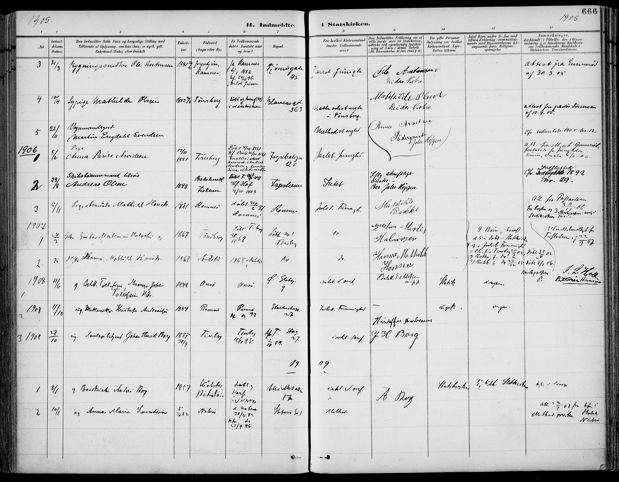 Tønsberg kirkebøker, AV/SAKO-A-330/F/Fa/L0013: Parish register (official) no. I 13, 1900-1913, p. 666