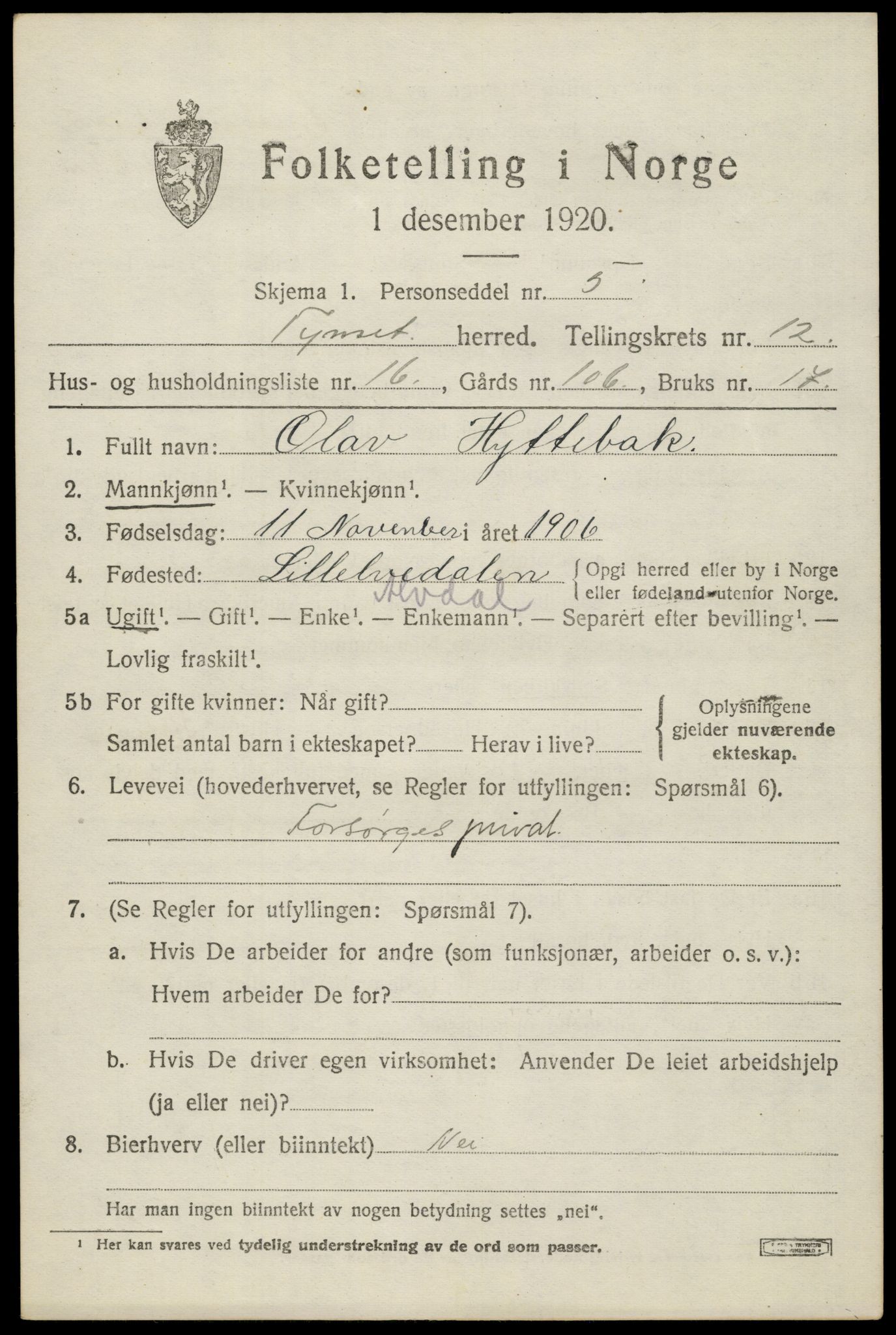 SAH, 1920 census for Tynset, 1920, p. 8496