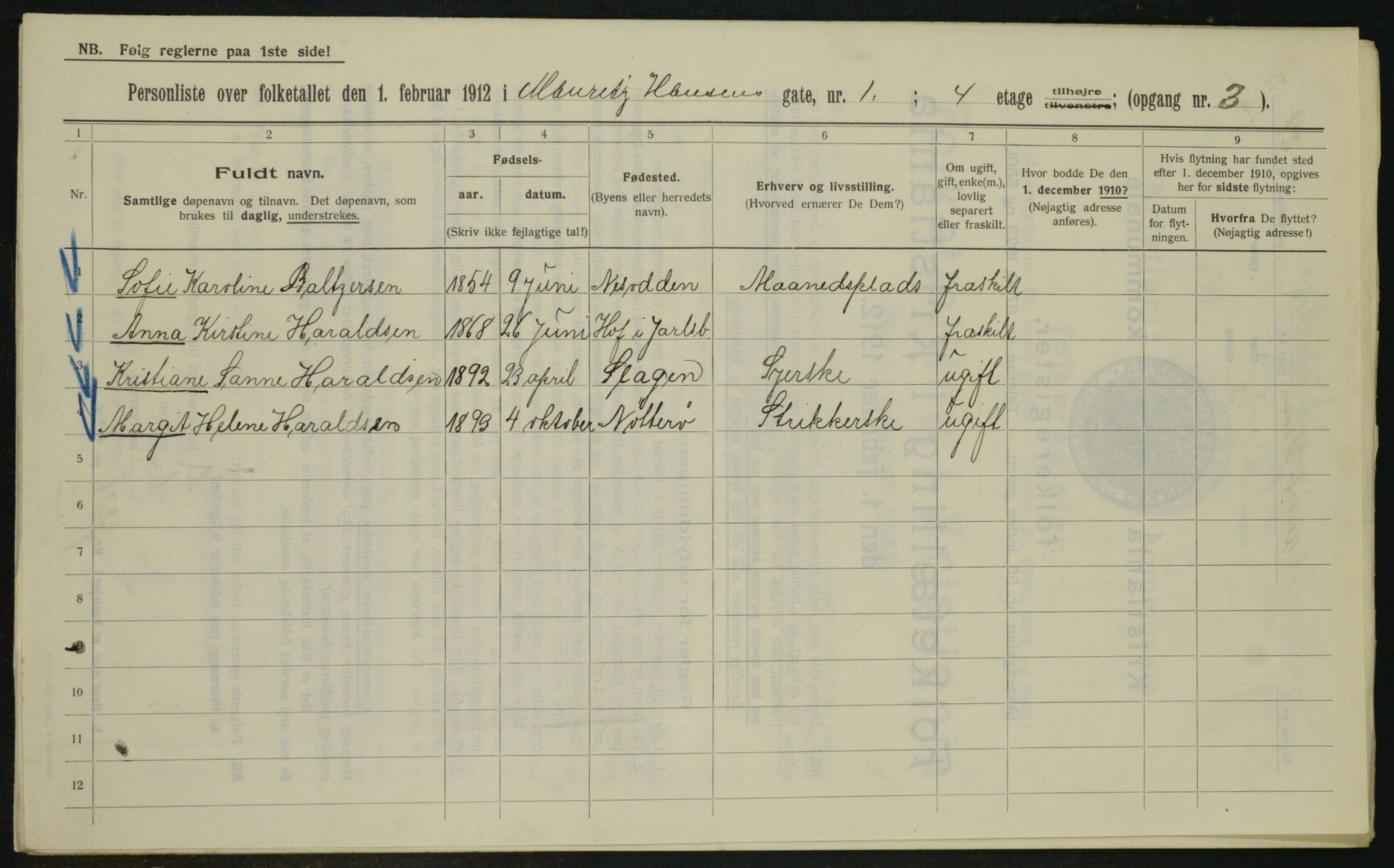 OBA, Municipal Census 1912 for Kristiania, 1912, p. 65258