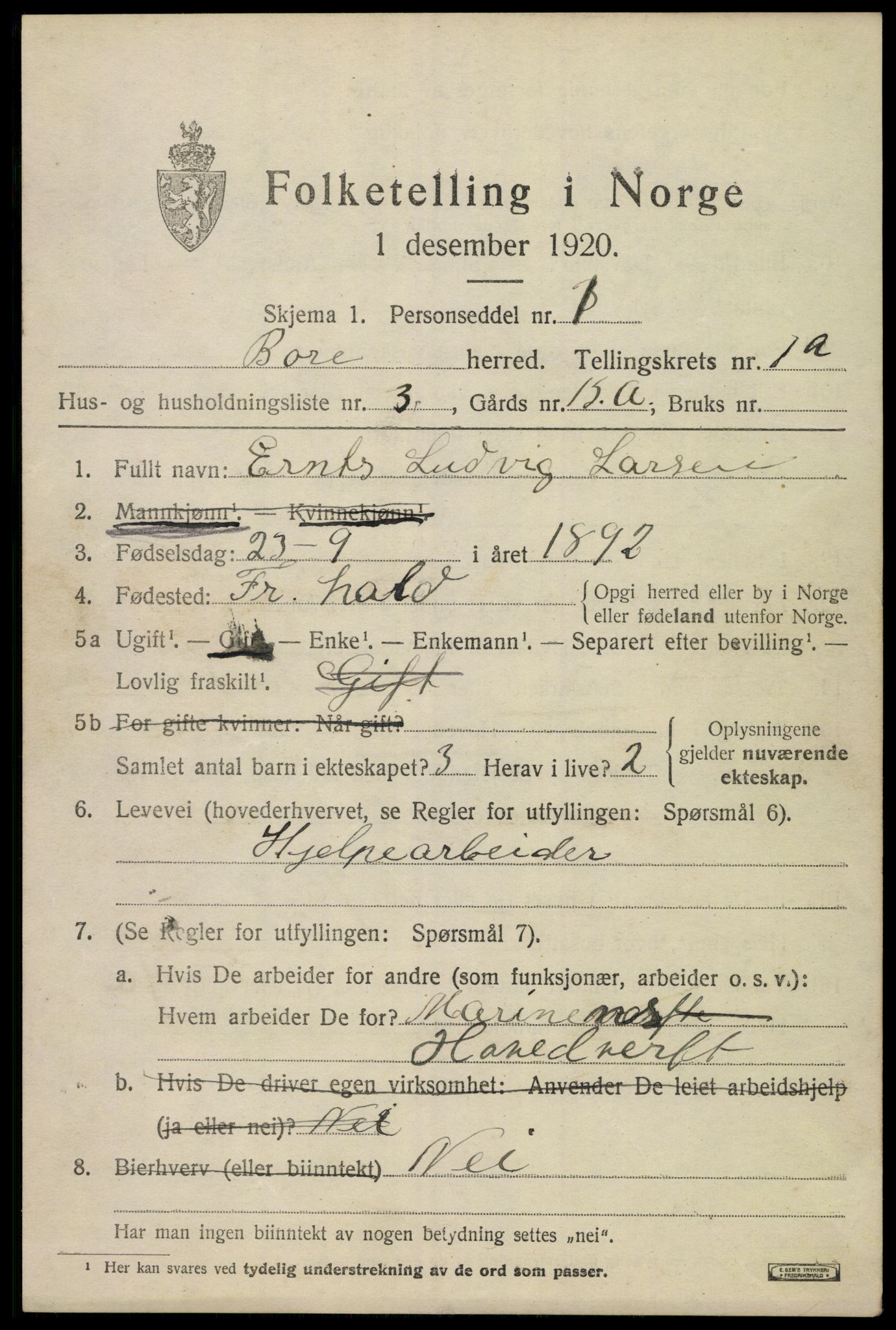 SAKO, 1920 census for Borre, 1920, p. 1408