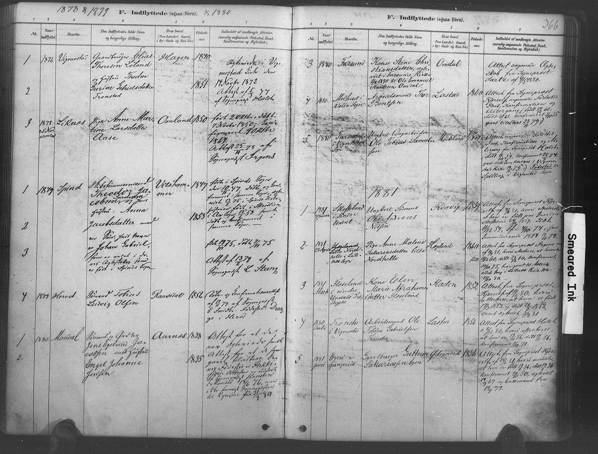 Lyngdal sokneprestkontor, SAK/1111-0029/F/Fa/Fac/L0011: Parish register (official) no. A 11, 1878-1893, p. 366