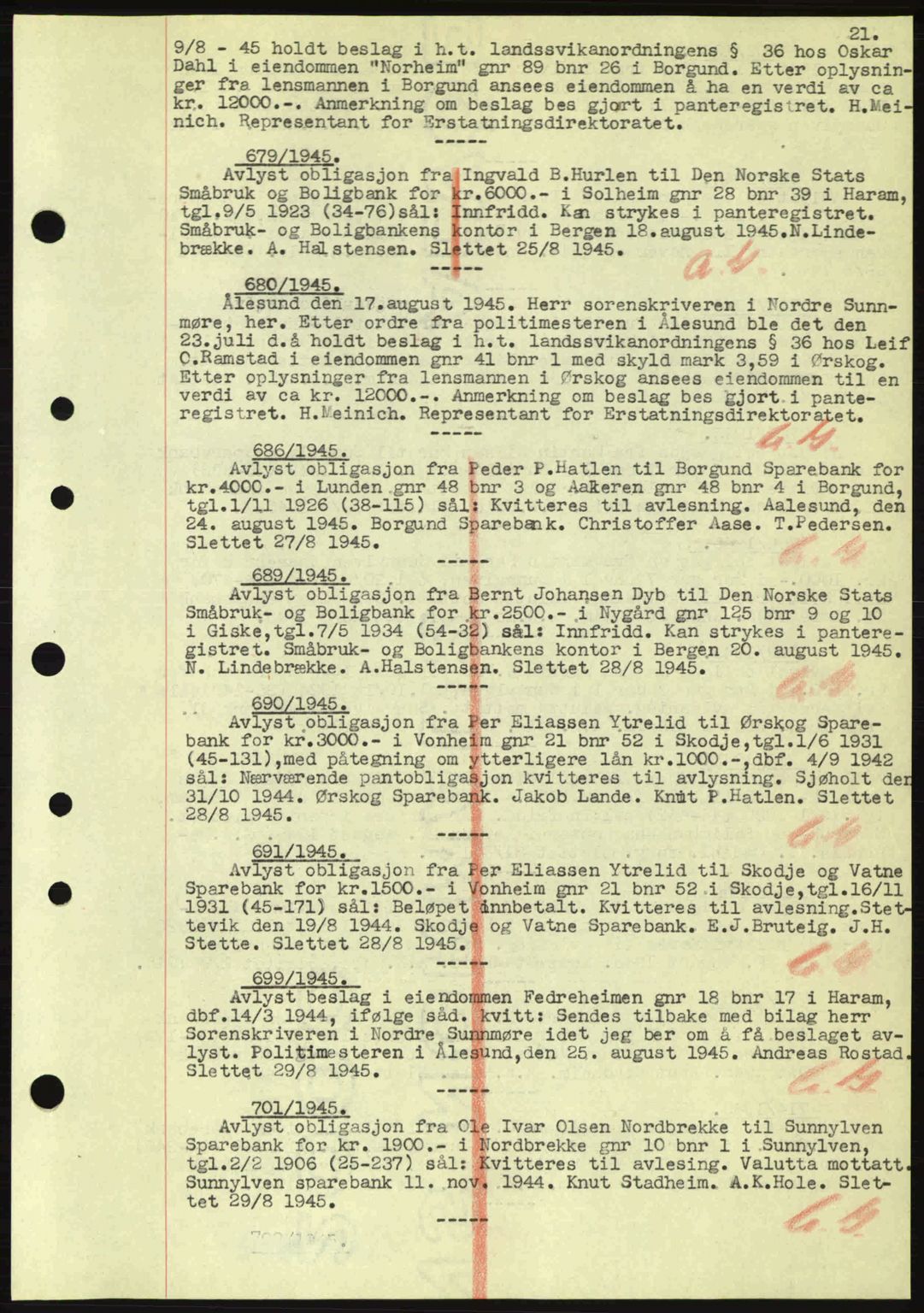 Nordre Sunnmøre sorenskriveri, SAT/A-0006/1/2/2C/2Ca: Mortgage book no. B6-14 a, 1942-1945, Diary no: : 679/1945