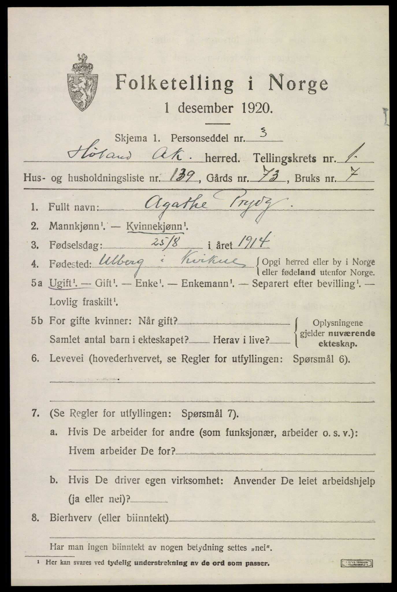 SAO, 1920 census for Høland, 1920, p. 3697