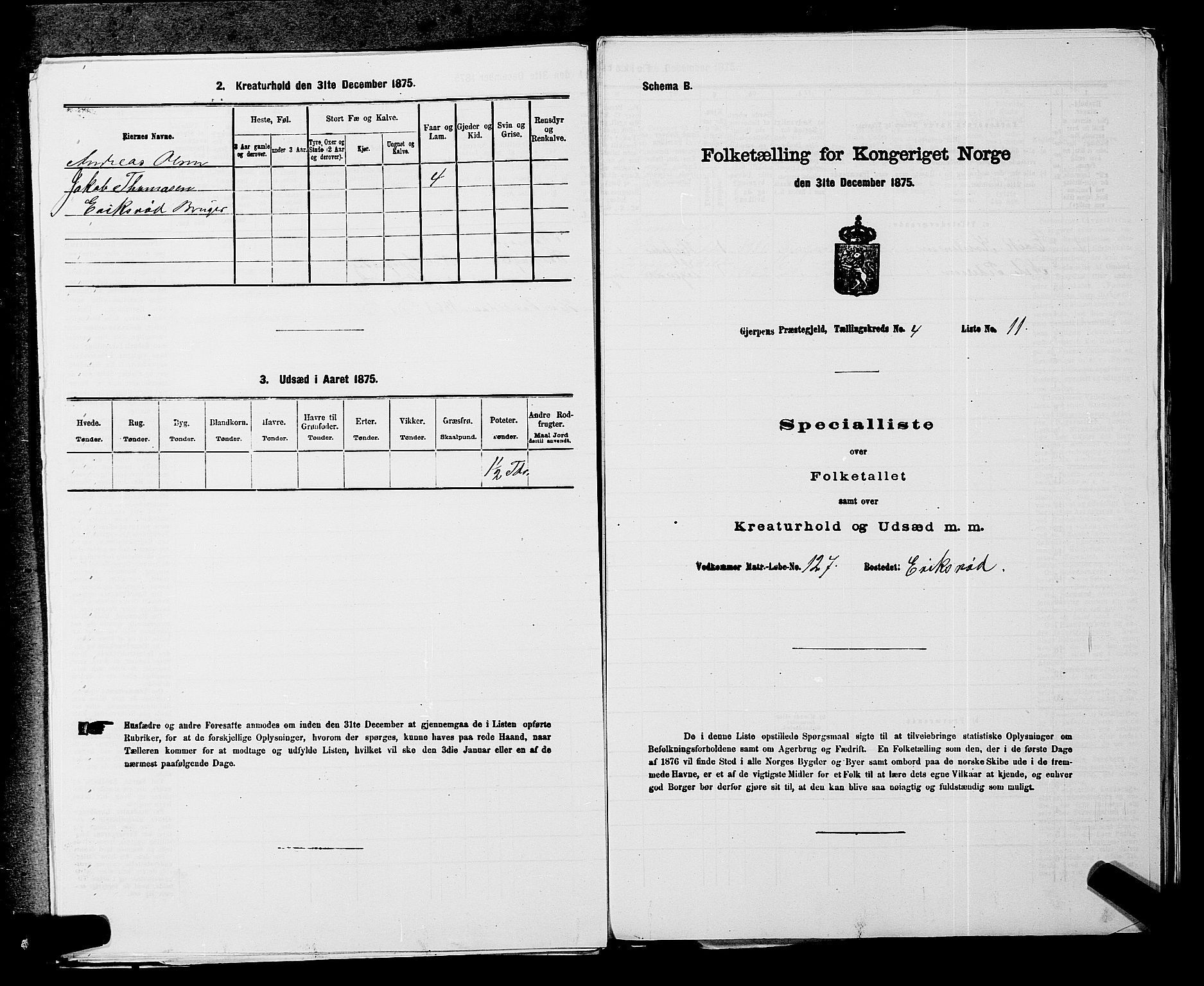 SAKO, 1875 census for 0812P Gjerpen, 1875, p. 491