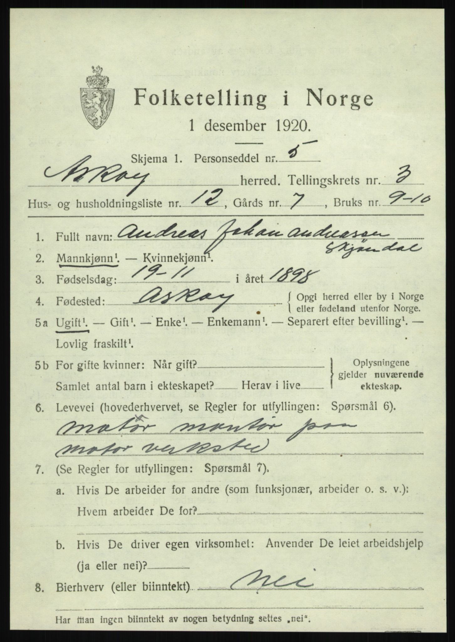 SAB, 1920 census for Askøy, 1920, p. 6496