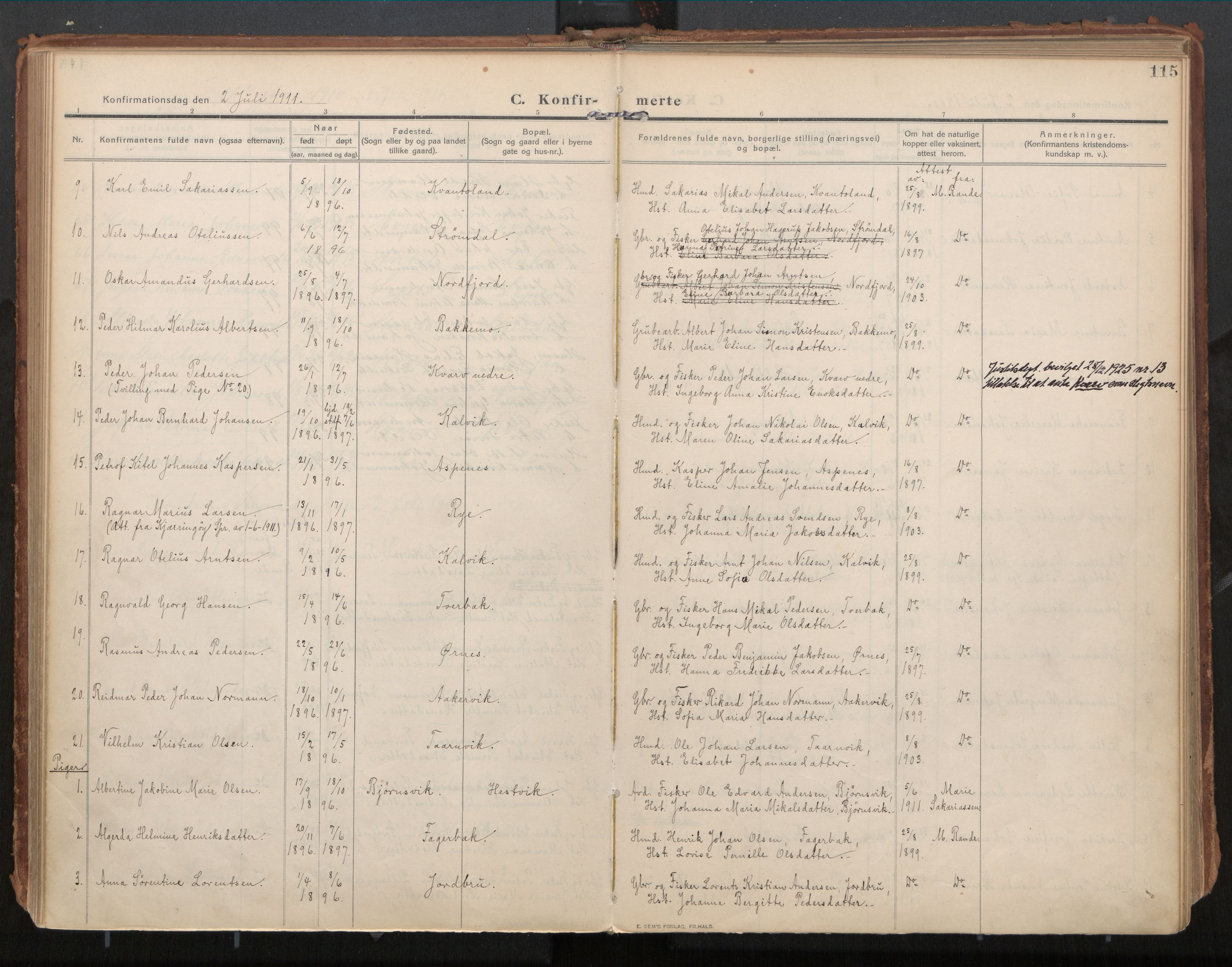 Ministerialprotokoller, klokkerbøker og fødselsregistre - Nordland, AV/SAT-A-1459/854/L0784: Parish register (official) no. 854A07, 1910-1922, p. 115