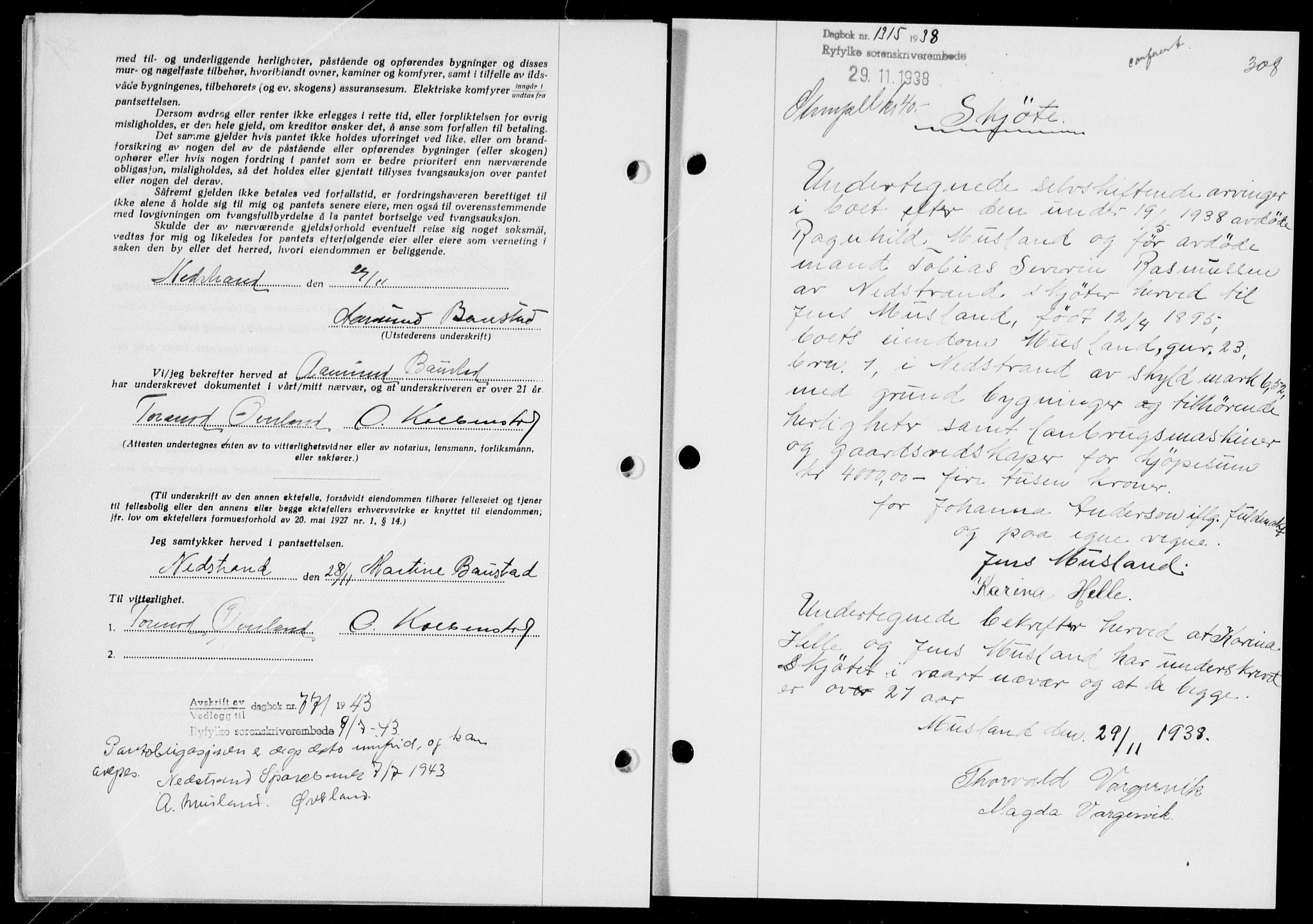 Ryfylke tingrett, AV/SAST-A-100055/001/II/IIB/L0078: Mortgage book no. 57, 1938-1938, Diary no: : 1315/1938