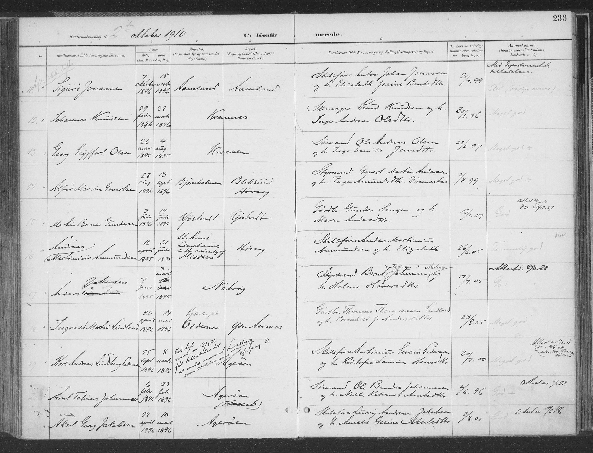 Høvåg sokneprestkontor, AV/SAK-1111-0025/F/Fa/L0006: Parish register (official) no. A 6, 1894-1923, p. 233