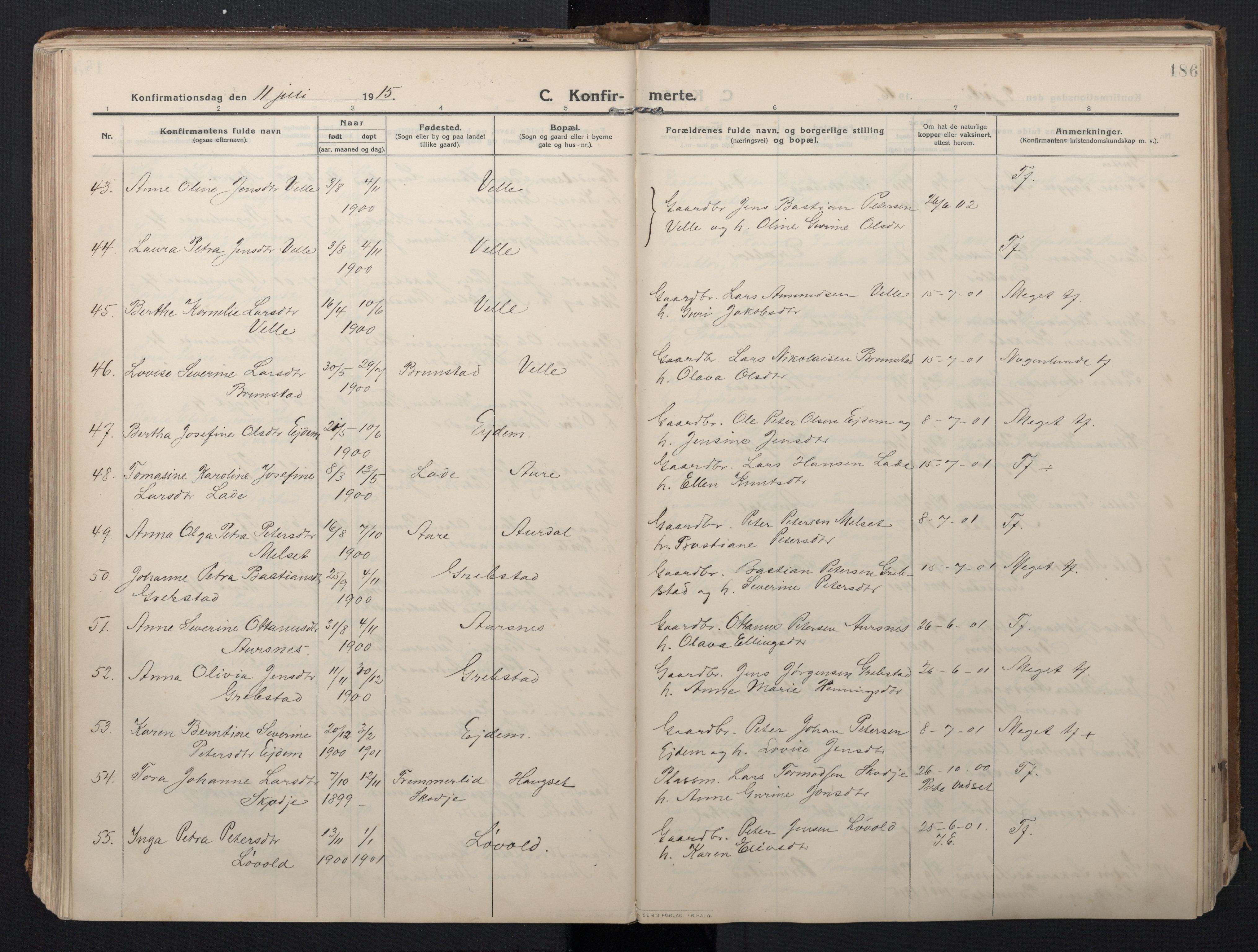 Ministerialprotokoller, klokkerbøker og fødselsregistre - Møre og Romsdal, AV/SAT-A-1454/523/L0337: Parish register (official) no. 523A04, 1911-1929, p. 186