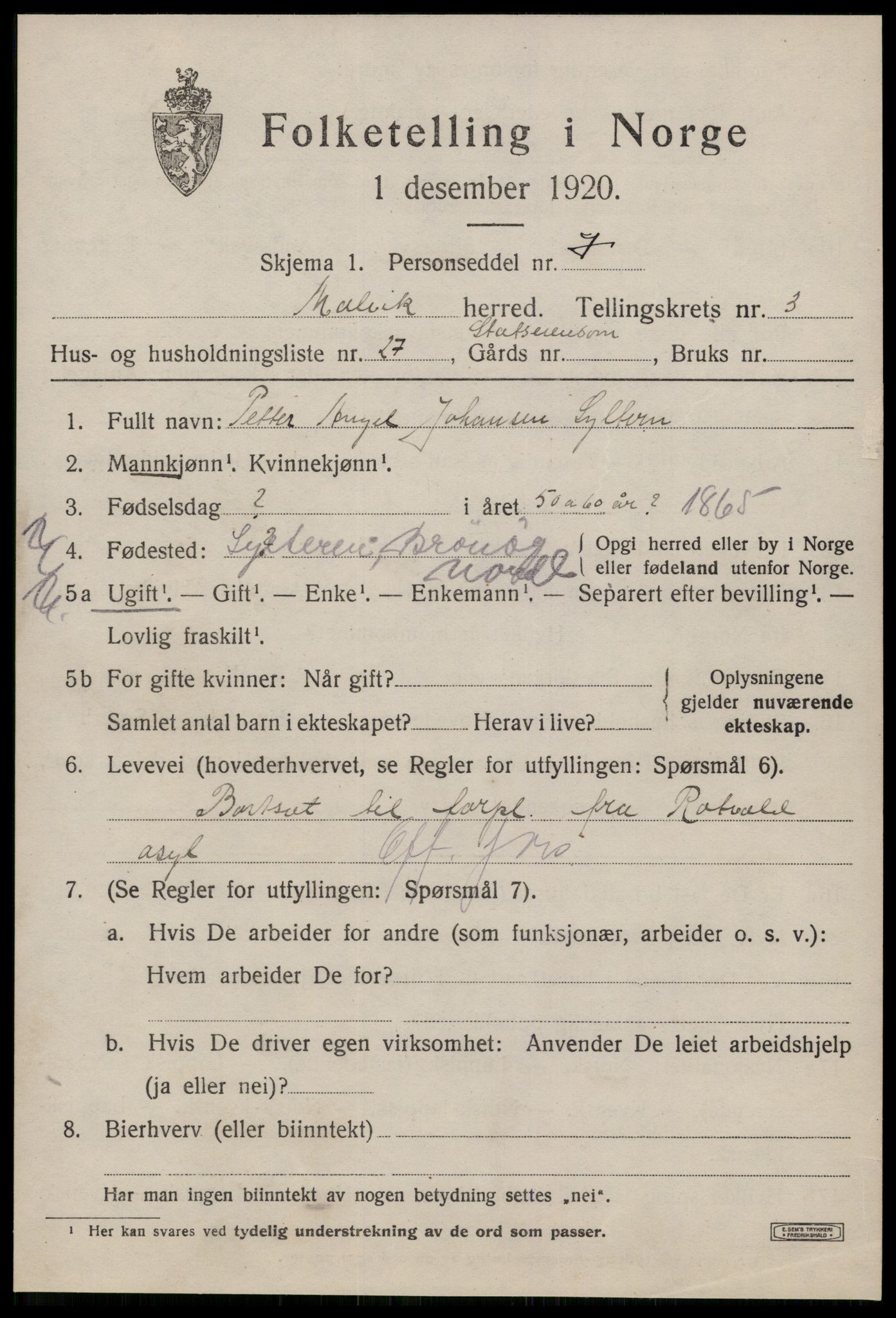 SAT, 1920 census for Malvik, 1920, p. 2566