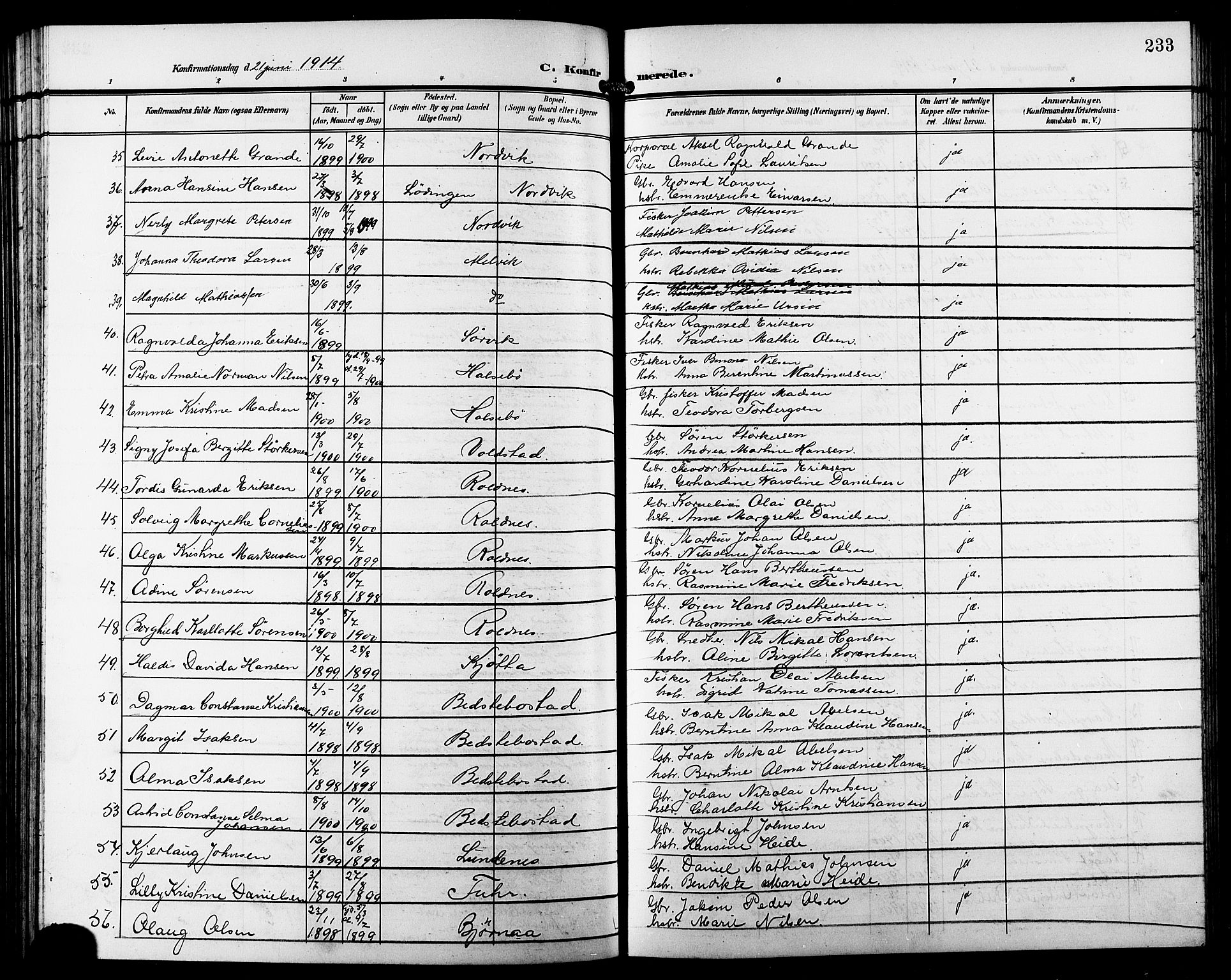 Trondenes sokneprestkontor, SATØ/S-1319/H/Hb/L0012klokker: Parish register (copy) no. 12, 1907-1916, p. 233