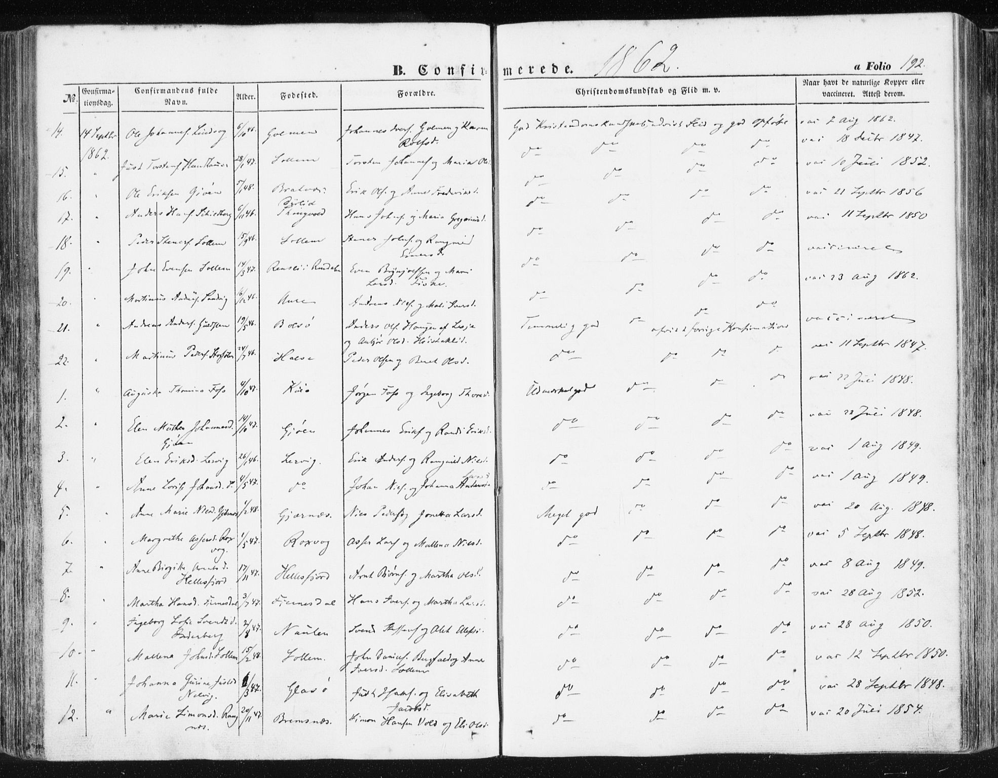 Ministerialprotokoller, klokkerbøker og fødselsregistre - Møre og Romsdal, AV/SAT-A-1454/581/L0937: Parish register (official) no. 581A05, 1853-1872, p. 192