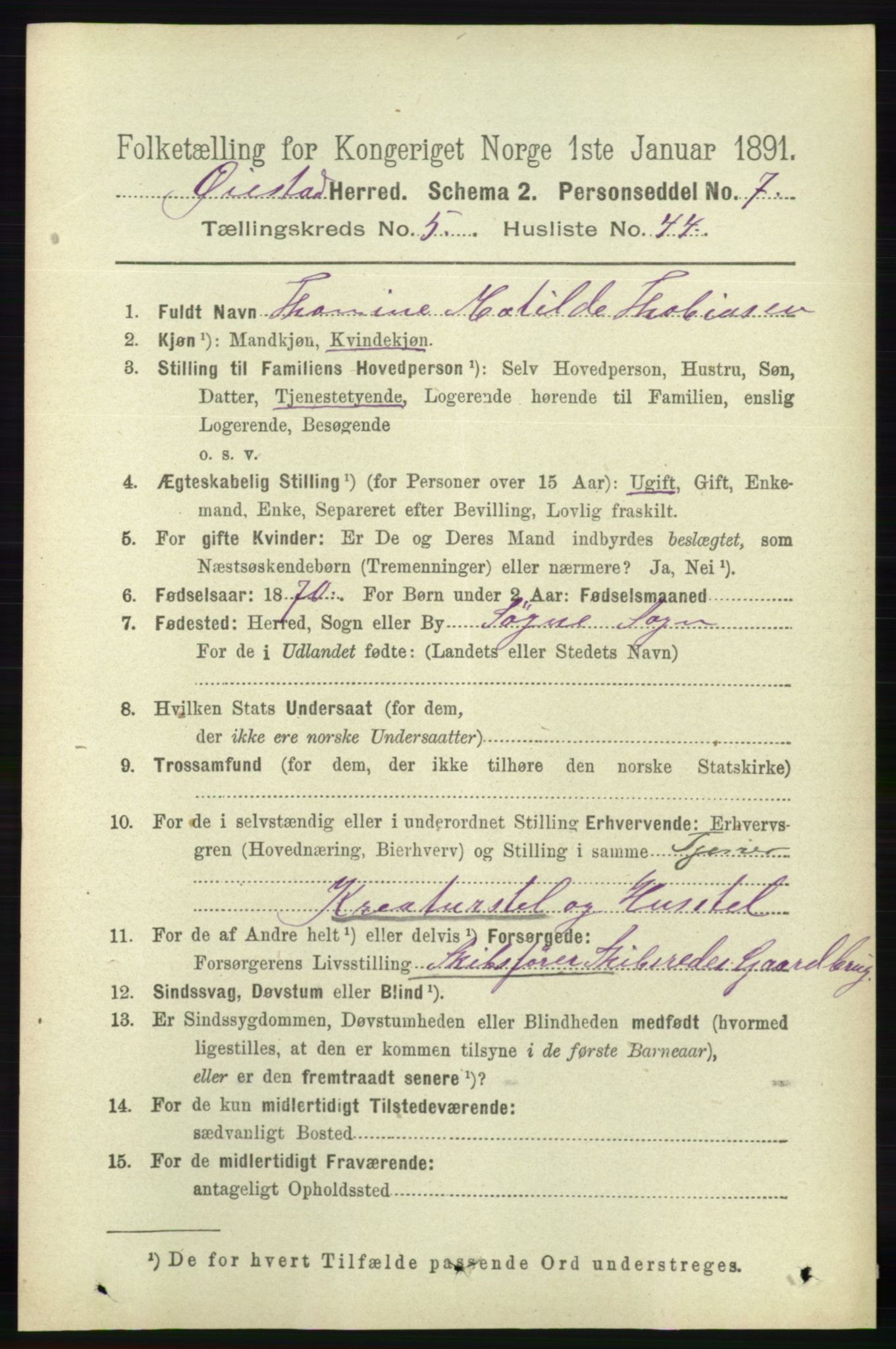 RA, 1891 census for 0920 Øyestad, 1891, p. 2048