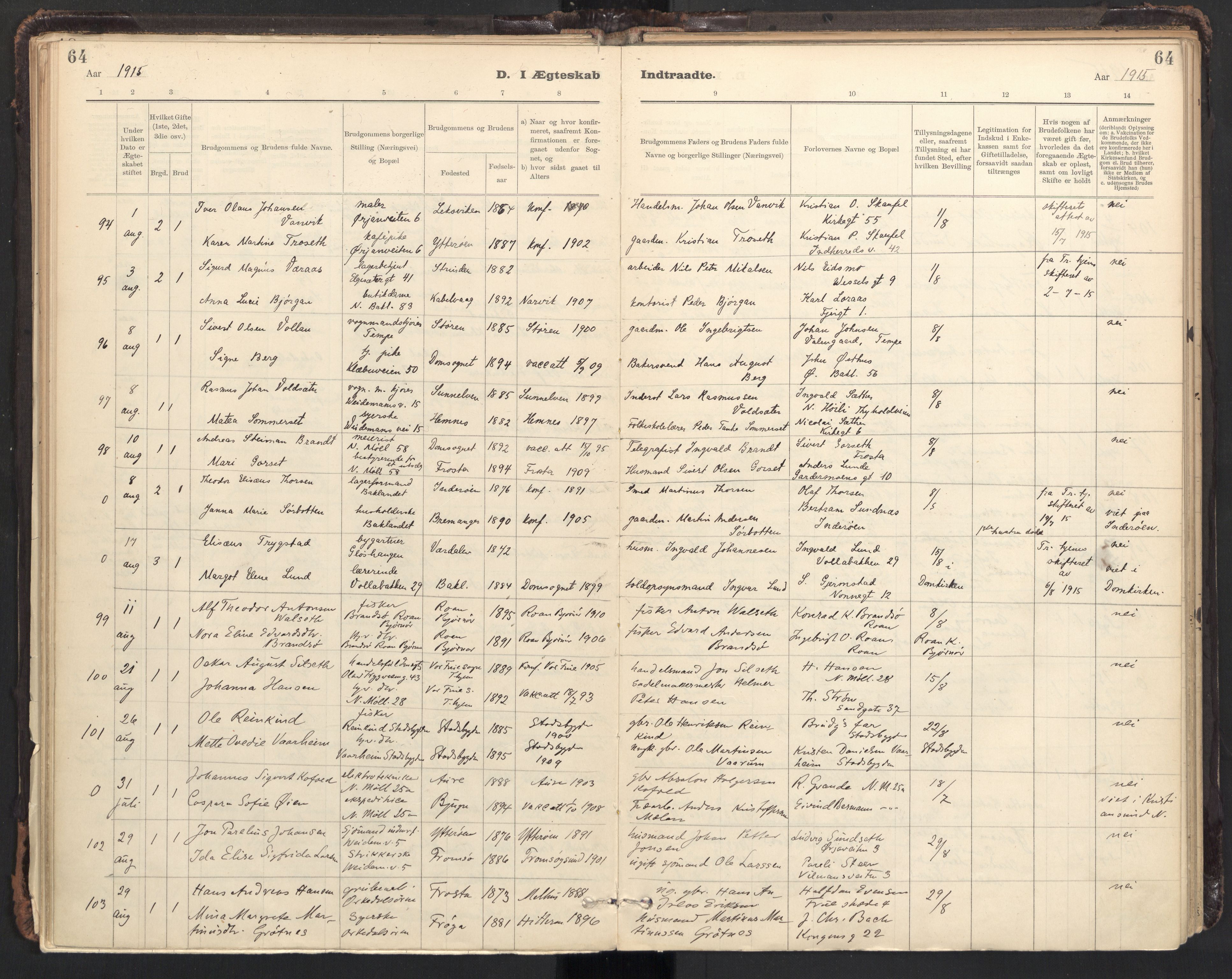 Ministerialprotokoller, klokkerbøker og fødselsregistre - Sør-Trøndelag, AV/SAT-A-1456/604/L0204: Parish register (official) no. 604A24, 1911-1920, p. 64