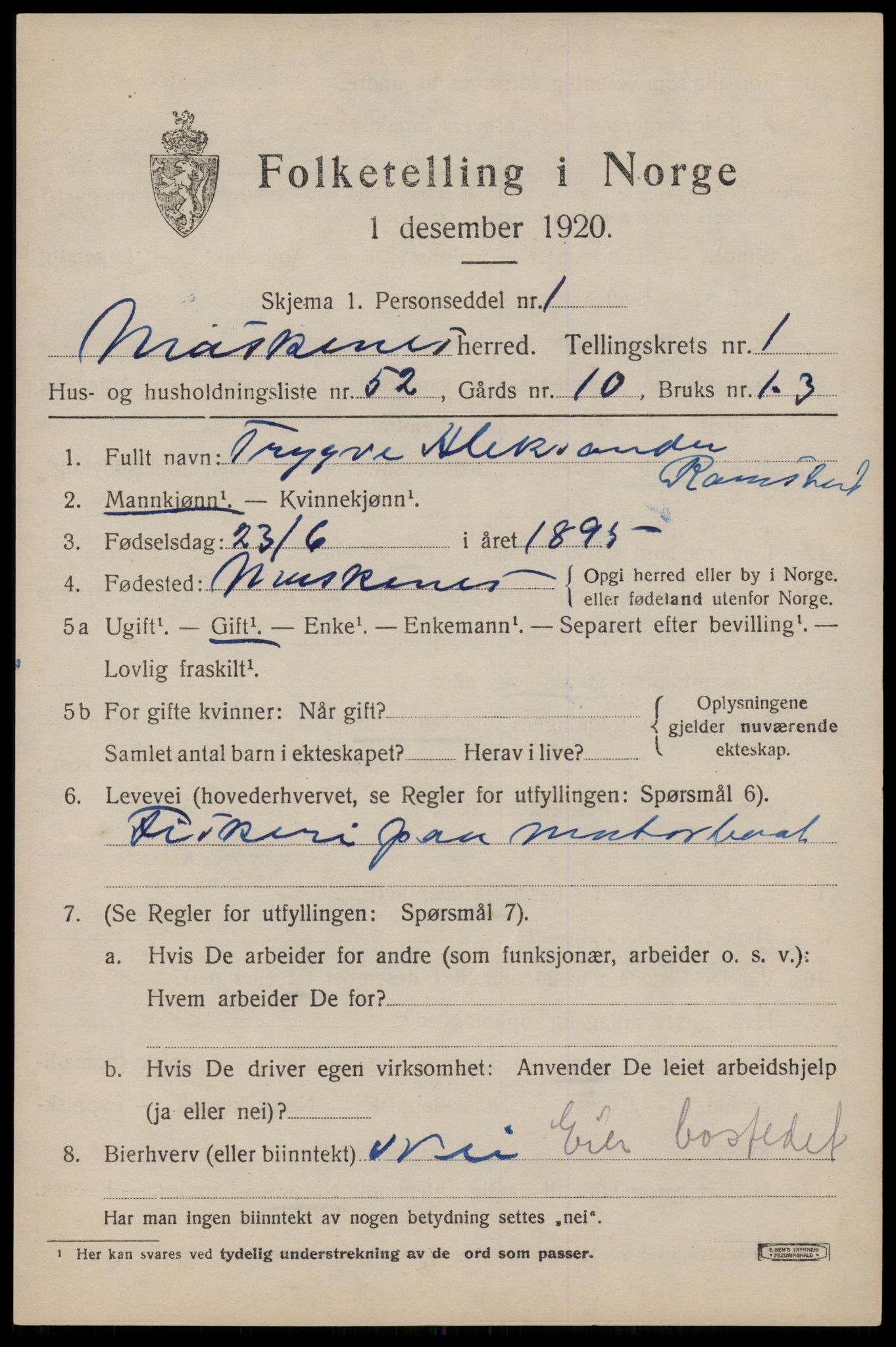 SAT, 1920 census for Moskenes, 1920, p. 1052