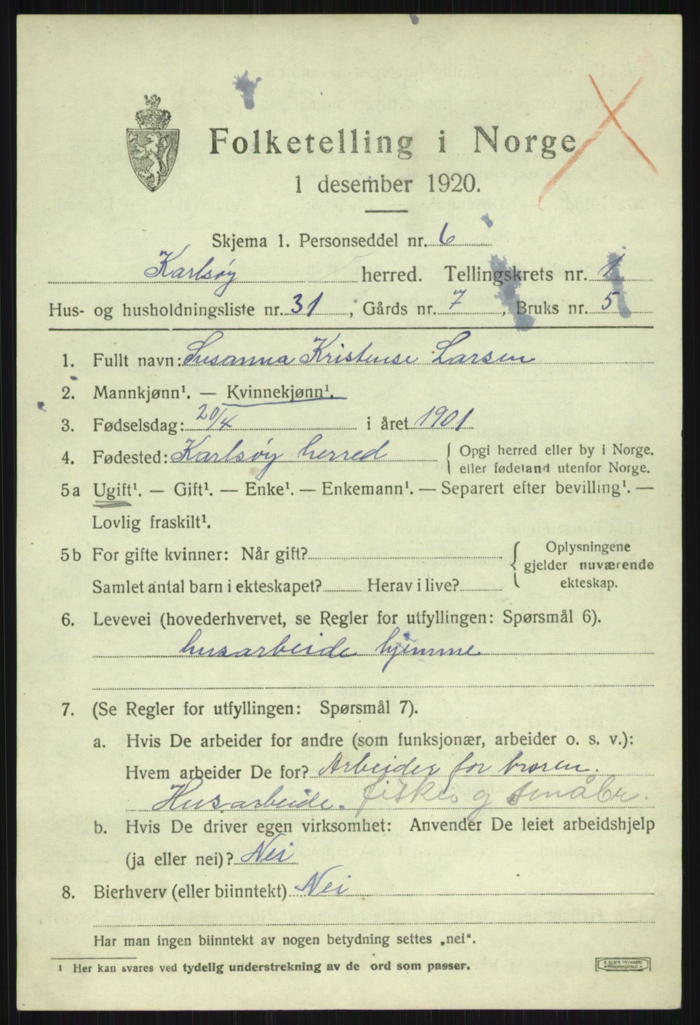 SATØ, 1920 census for Karlsøy, 1920, p. 1178