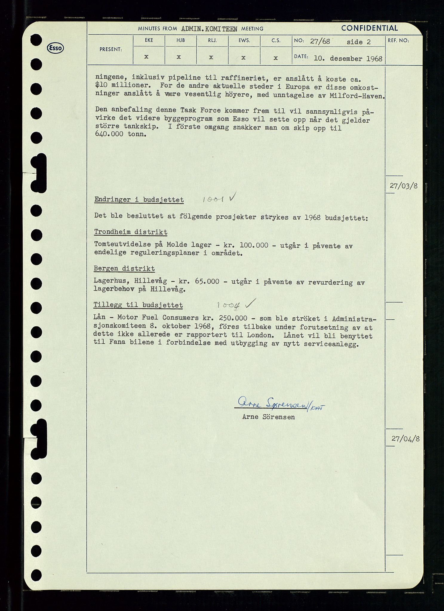 Pa 0982 - Esso Norge A/S, AV/SAST-A-100448/A/Aa/L0002/0004: Den administrerende direksjon Board minutes (styrereferater) / Den administrerende direksjon Board minutes (styrereferater), 1968, p. 114