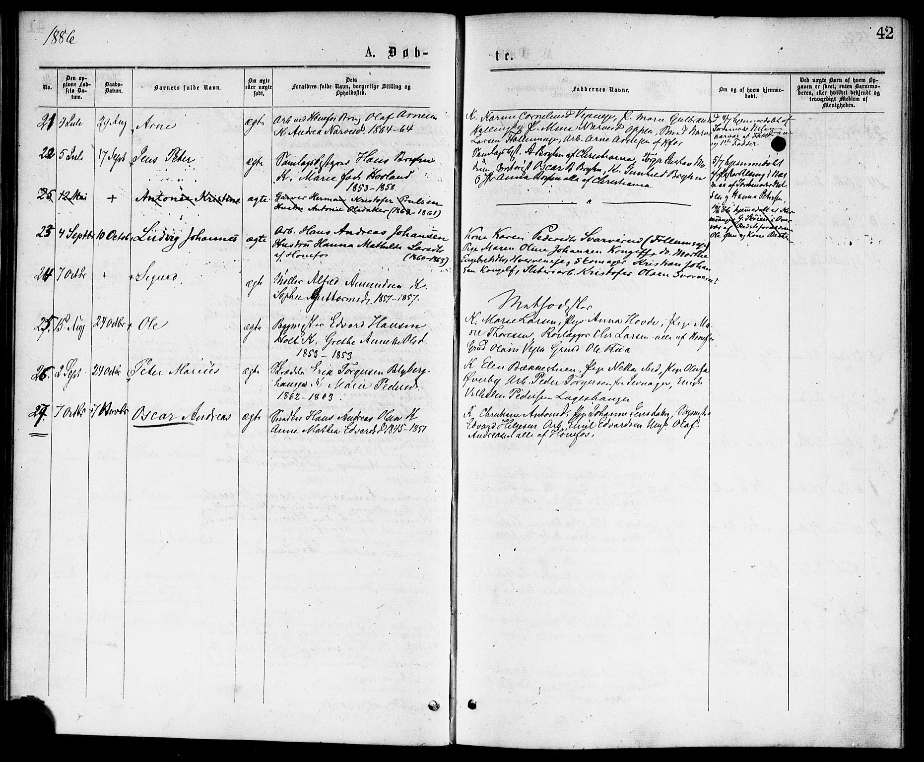 Hønefoss kirkebøker, SAKO/A-609/F/Fa/L0001: Parish register (official) no. 1, 1875-1887, p. 42