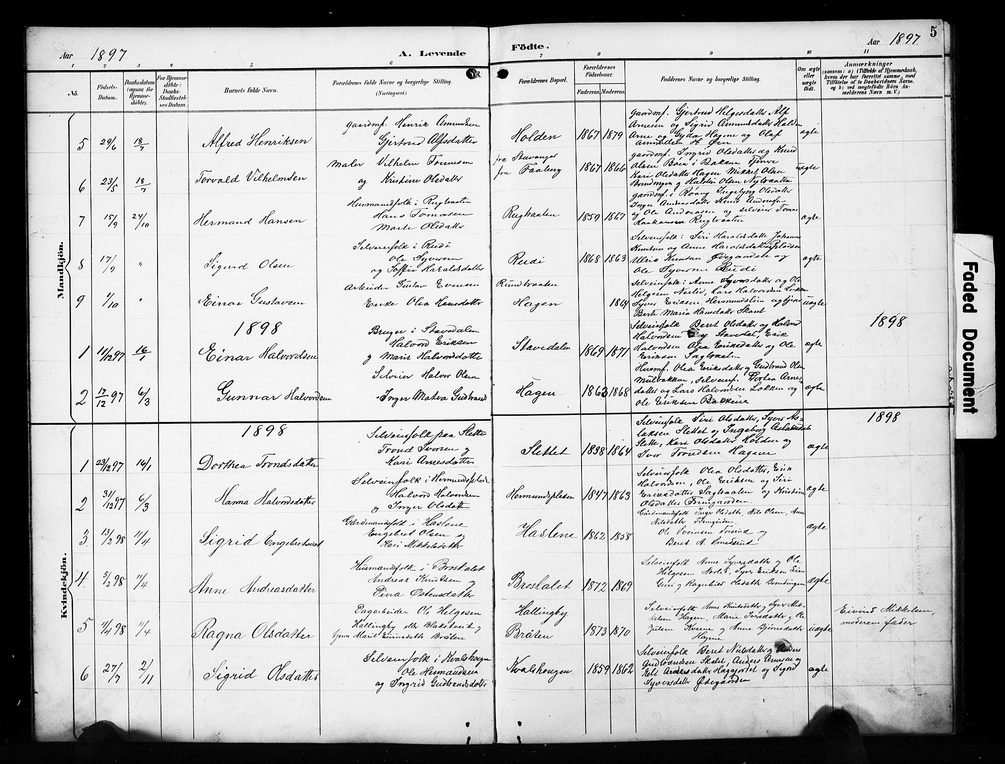 Sør-Aurdal prestekontor, SAH/PREST-128/H/Ha/Hab/L0010: Parish register (copy) no. 10, 1894-1929, p. 5