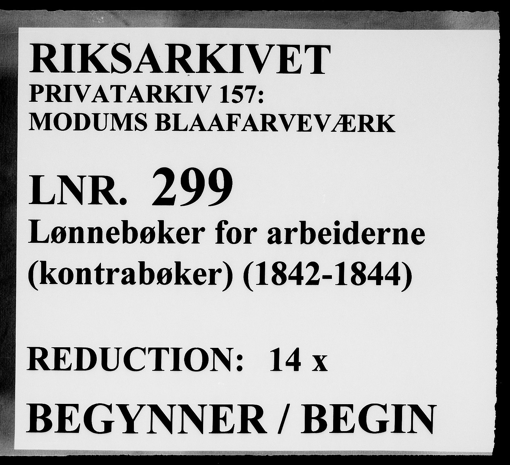 Modums Blaafarveværk, RA/PA-0157/G/Gd/Gdd/L0299/0001: -- / Lønnebøker for arbeiderne(kontrabøker), 1842-1844, p. 1