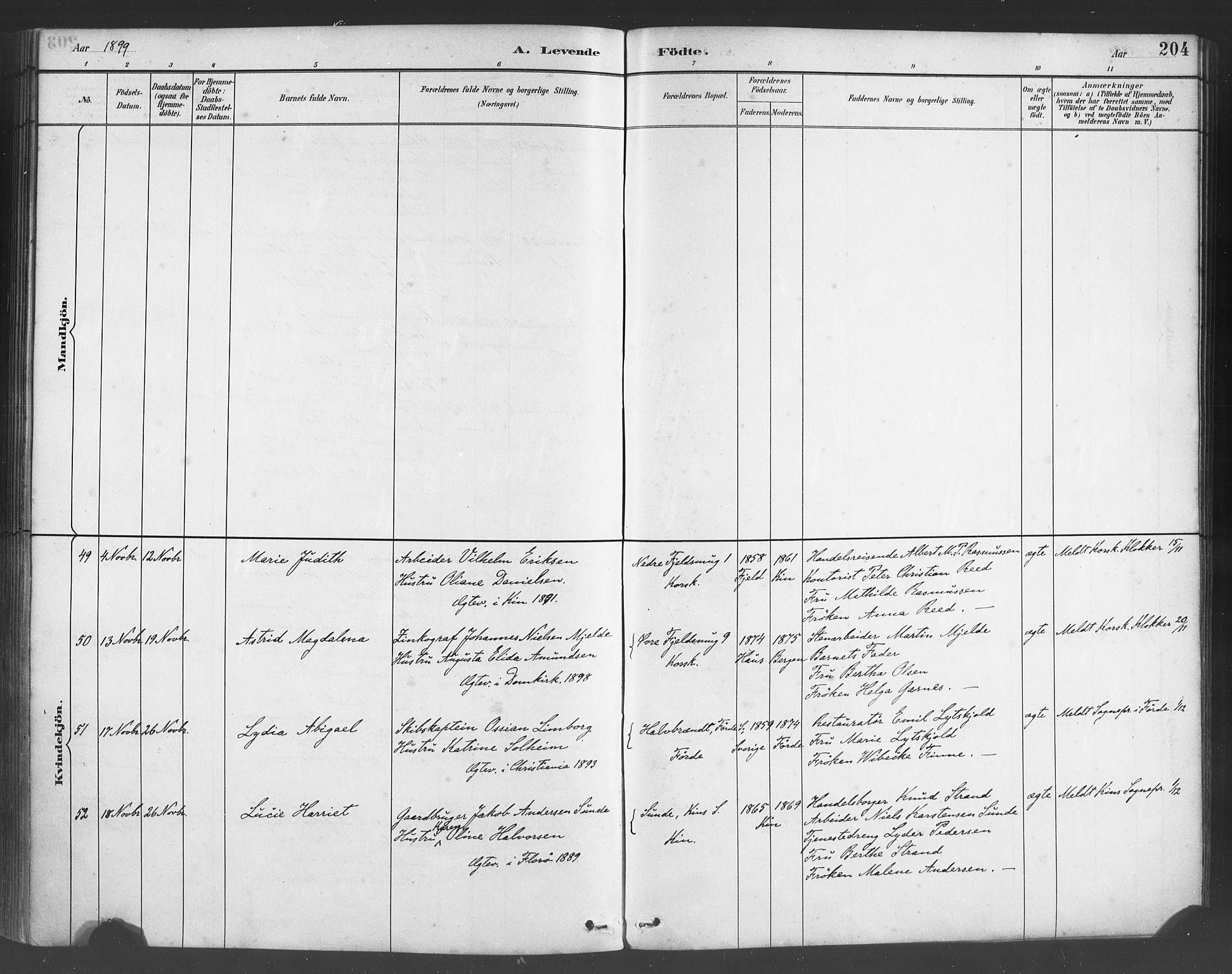 Fødselsstiftelsens sokneprestembete*, SAB/-: Parish register (official) no. A 2, 1884-1900, p. 204