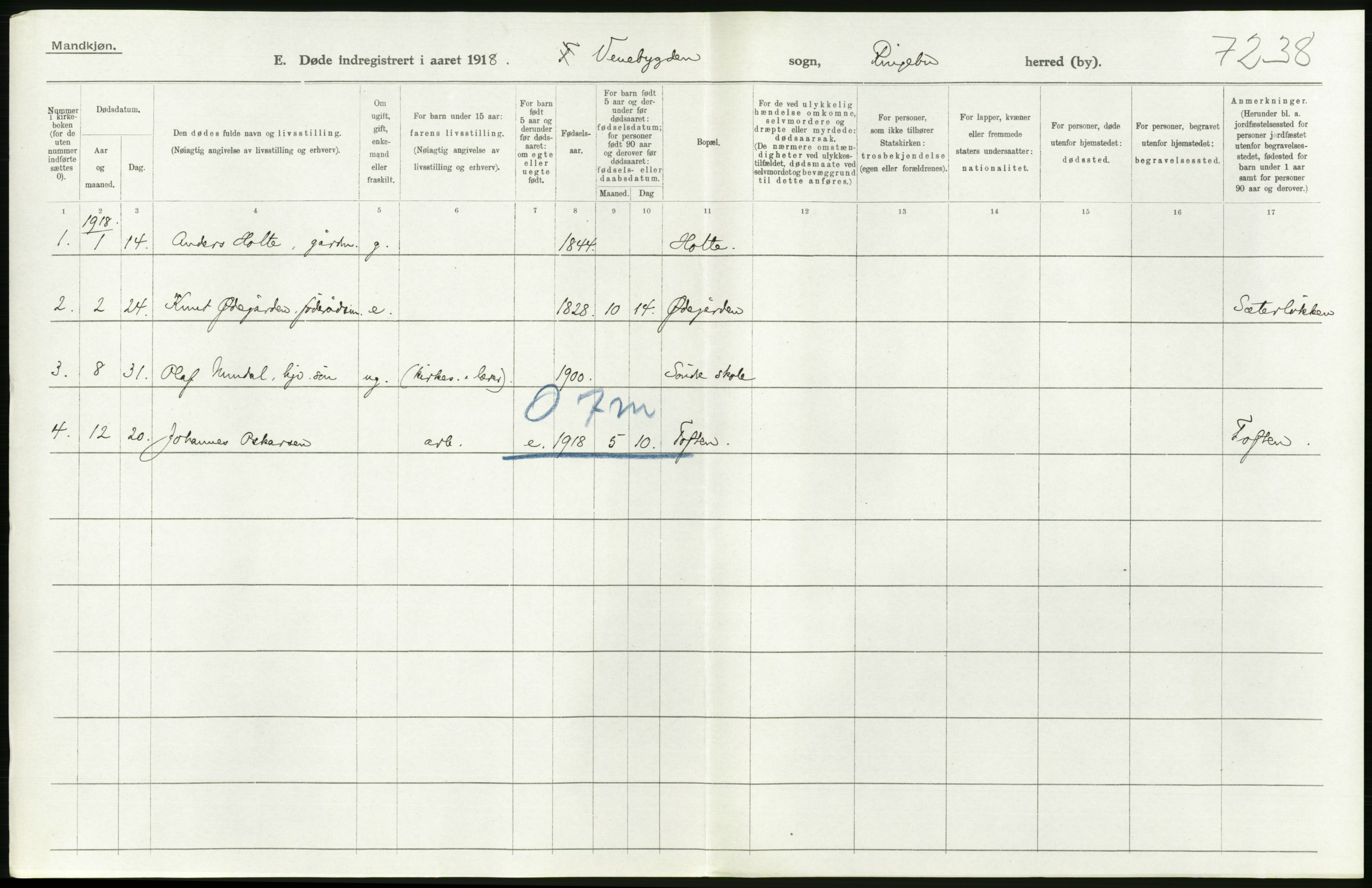 Statistisk sentralbyrå, Sosiodemografiske emner, Befolkning, AV/RA-S-2228/D/Df/Dfb/Dfbh/L0017: Oppland fylke: Døde. Bygder og byer., 1918, p. 66