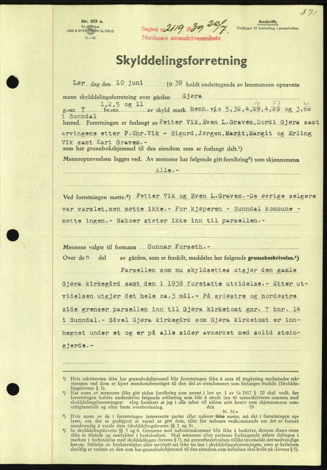 Nordmøre sorenskriveri, SAT/A-4132/1/2/2Ca: Mortgage book no. A86, 1939-1939, Diary no: : 2119/1939