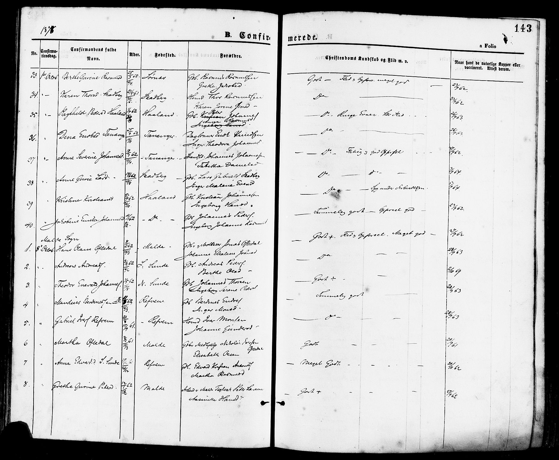 Håland sokneprestkontor, AV/SAST-A-101802/001/30BA/L0009: Parish register (official) no. A 8, 1871-1882, p. 143