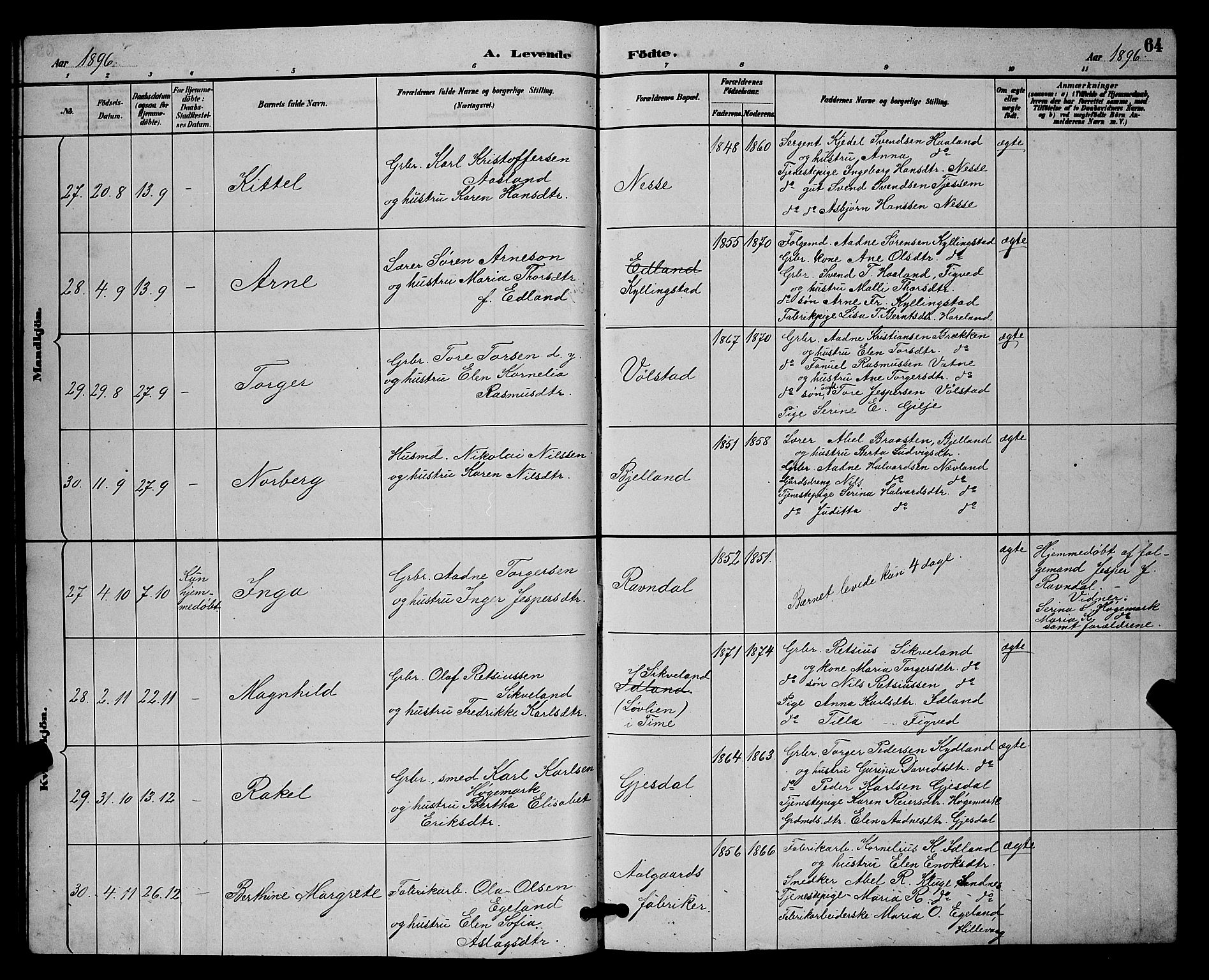 Lye sokneprestkontor, AV/SAST-A-101794/001/30BB/L0008: Parish register (copy) no. B 7, 1887-1901, p. 64