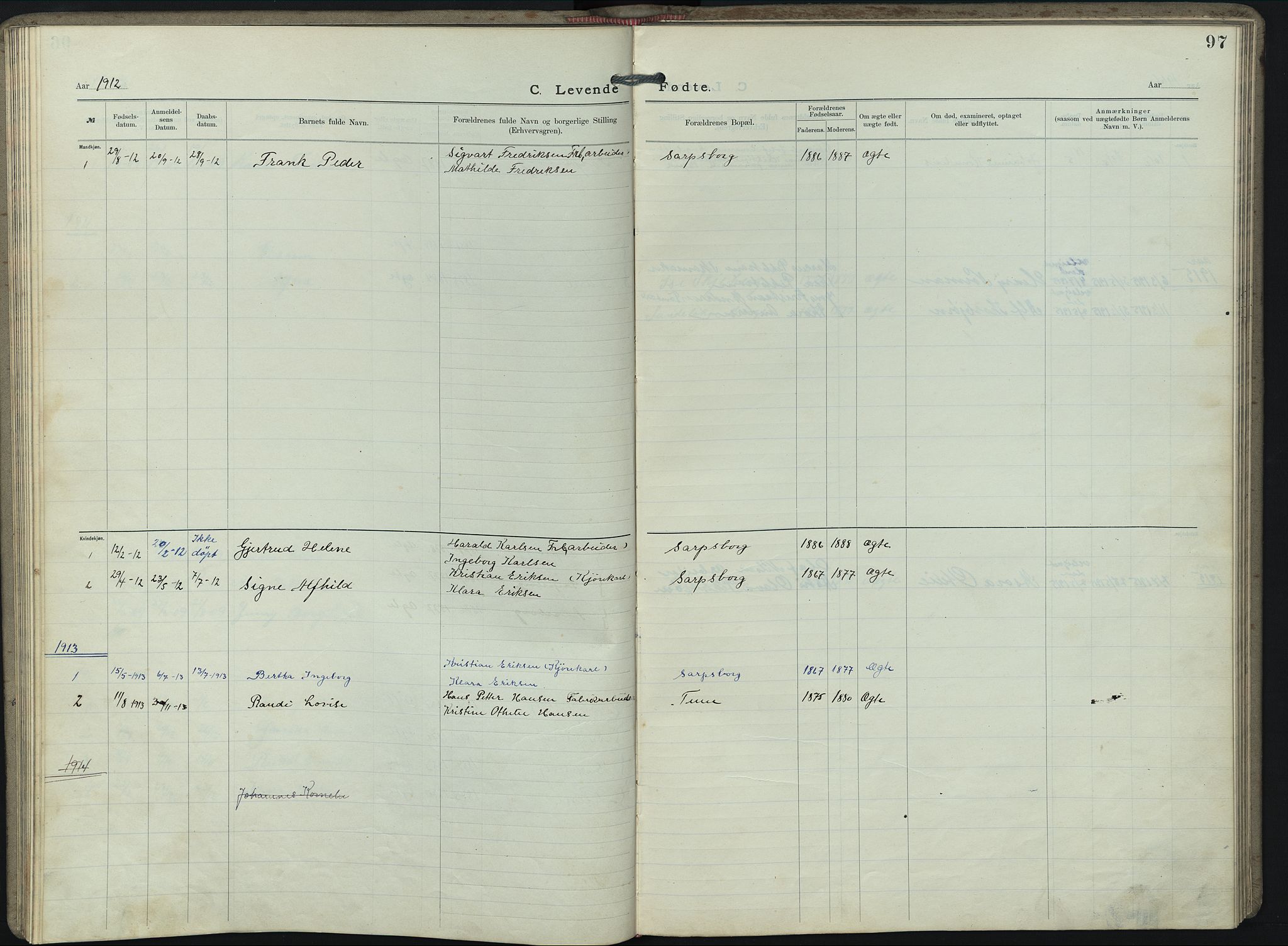 Den Evangeliske Brødremenighed i Sarpsborg, SAO/PAO-0257/F/L0001: Dissenter register no. 1, 1909-1917, p. 97