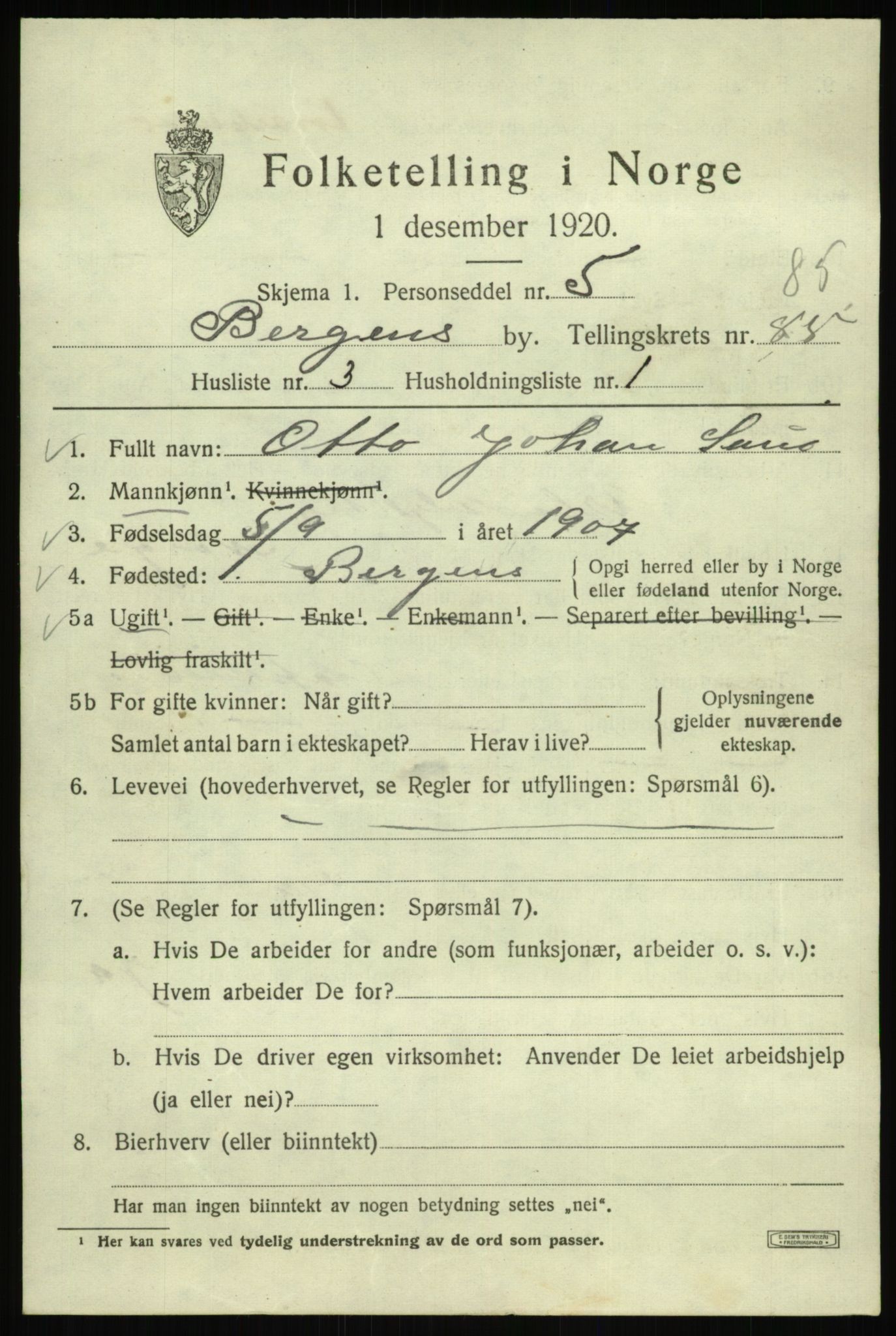 SAB, 1920 census for Bergen, 1920, p. 157081